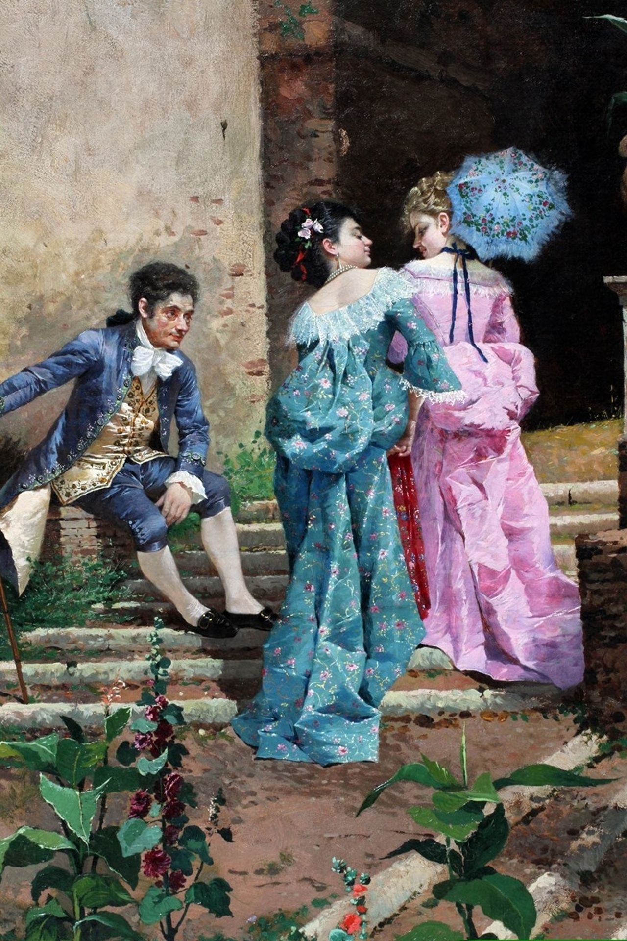 Two ladies and a gentleman strolling through a classical architectural landscape by Filippo Indoni