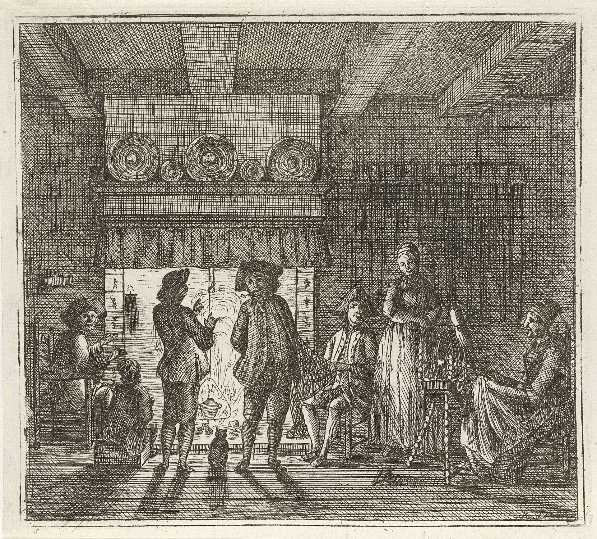 Interieur met figuren bij open haard by Rienk Jelgerhuis