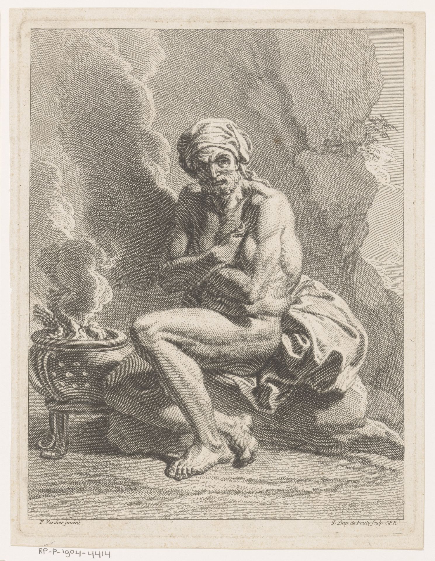 Naakte man met hoofddoek bij een vuur by Jean-Baptiste de Poilly