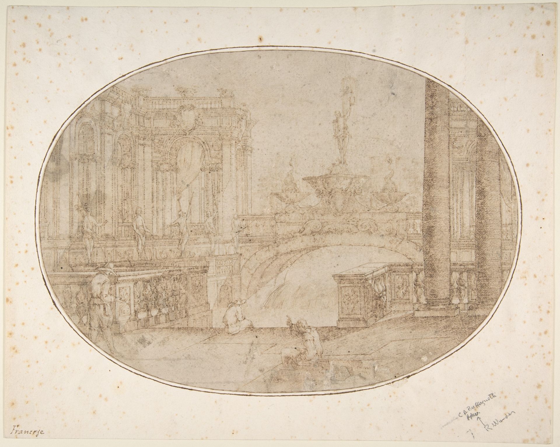 Architectural Perspective for a Stage Set with a Bridge, Statues and a Fountain in the Background and Human Figures in the Foreground by Carlo Antonio Buffagnotti