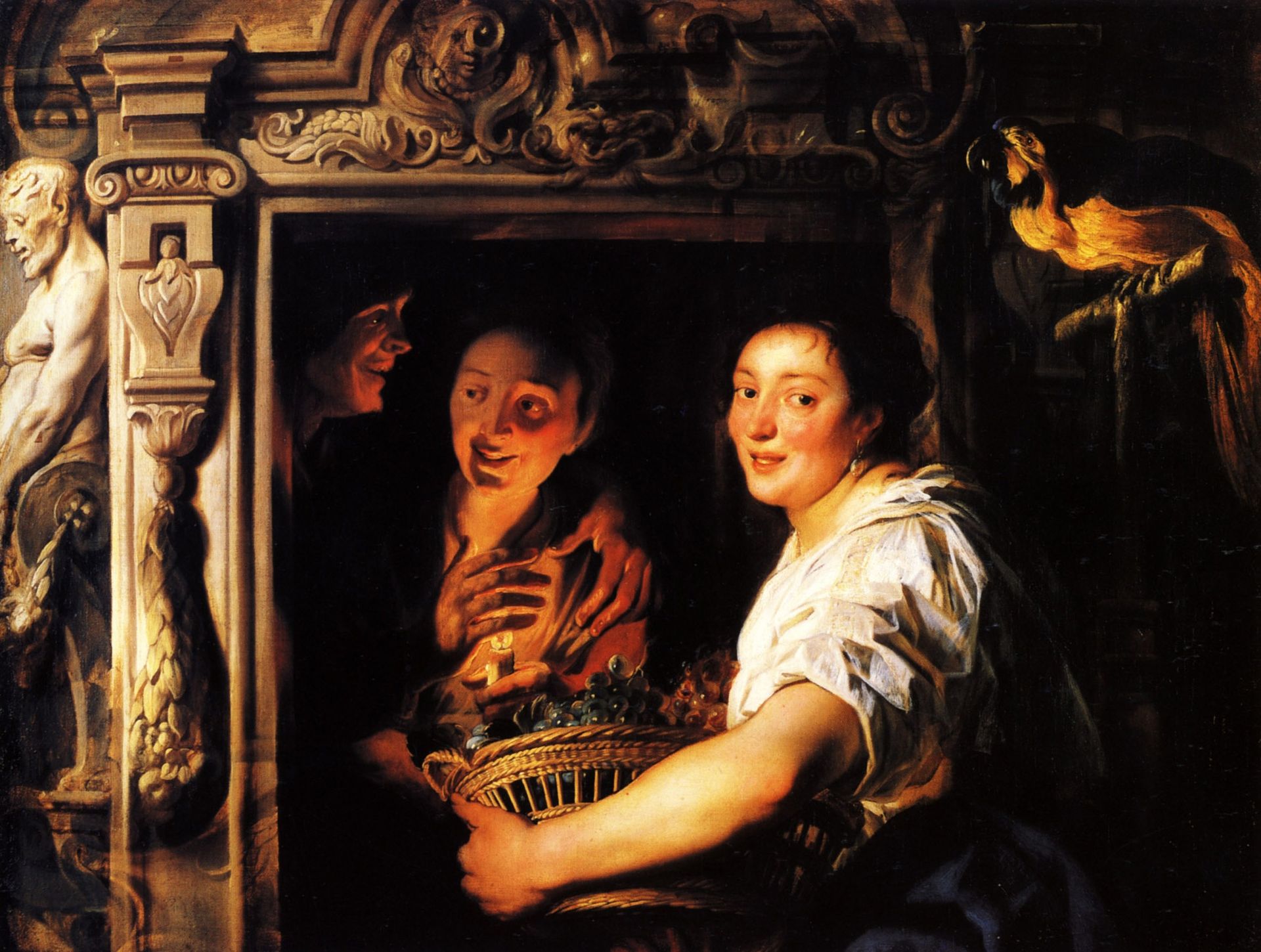 Servant with a fruit basket and a pair of lovers by Jacob Jordaens