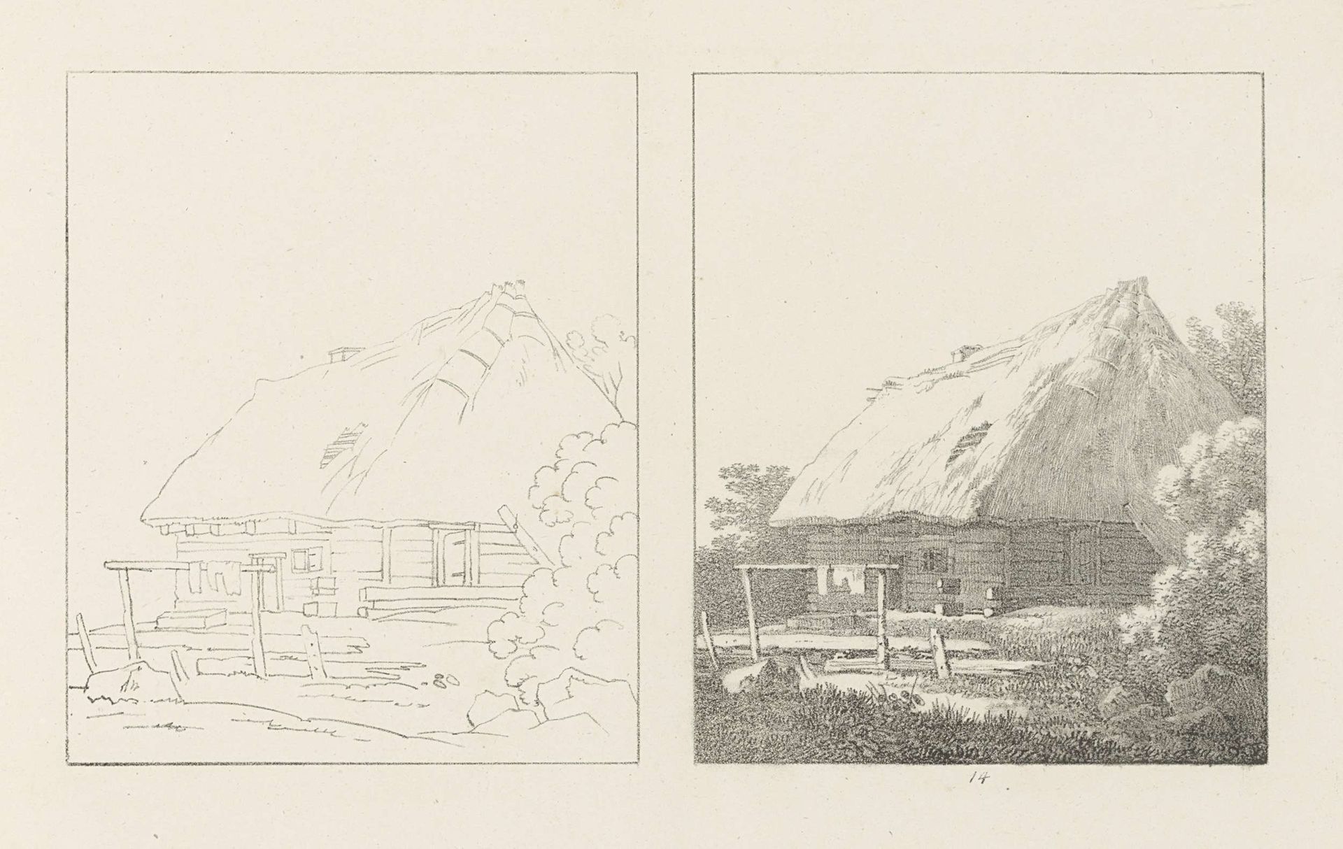 Albumblad met twee voorstellingen van een boerenhut: links het ontwerp, rechts de uitvoering by Max Josef Wagenbauer