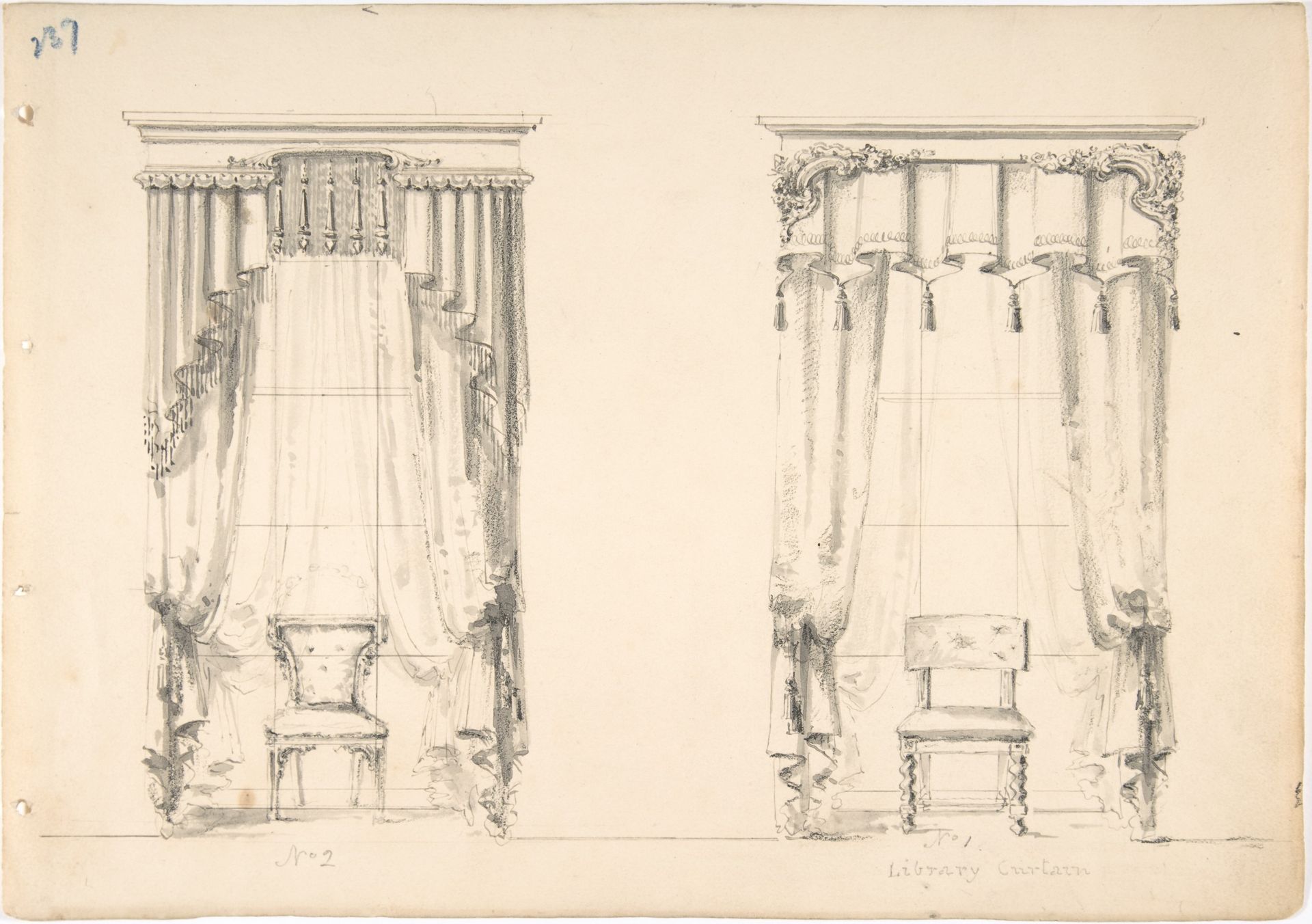 Design for Two Tasseled Curtains, Shown with Chairs by Anonymous