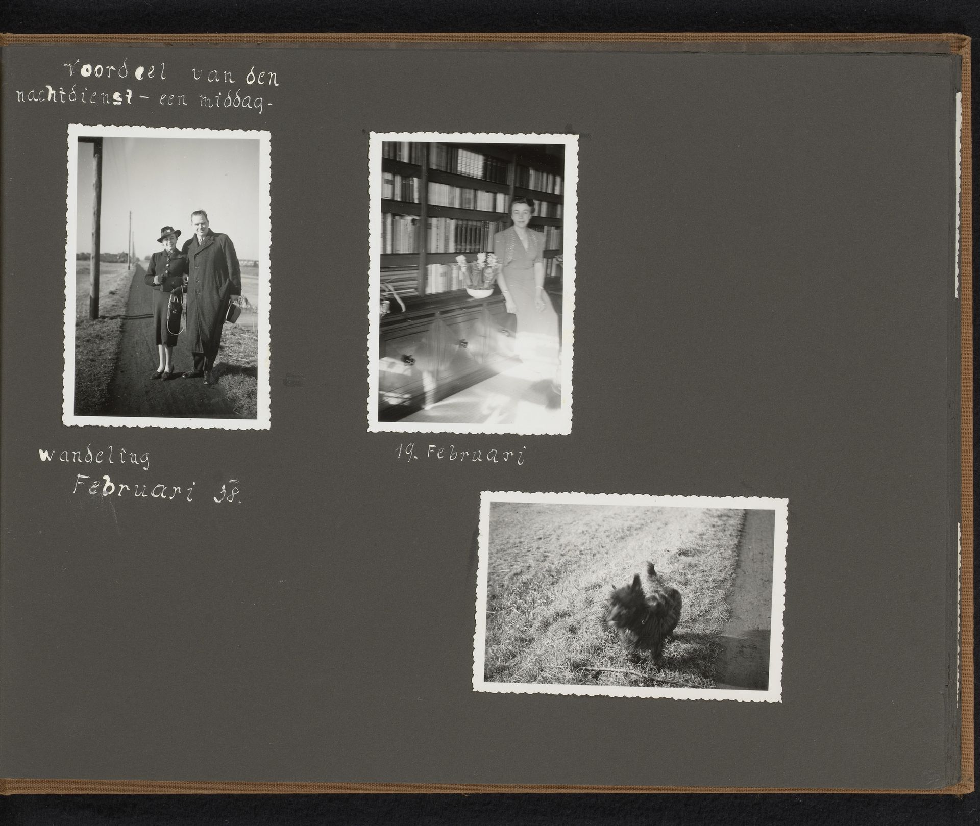 Echtpaar Berti Hoppe en Herman Besselaar tijdens een wandeling, Berti in huis en hun hond Black by Herman Besselaar