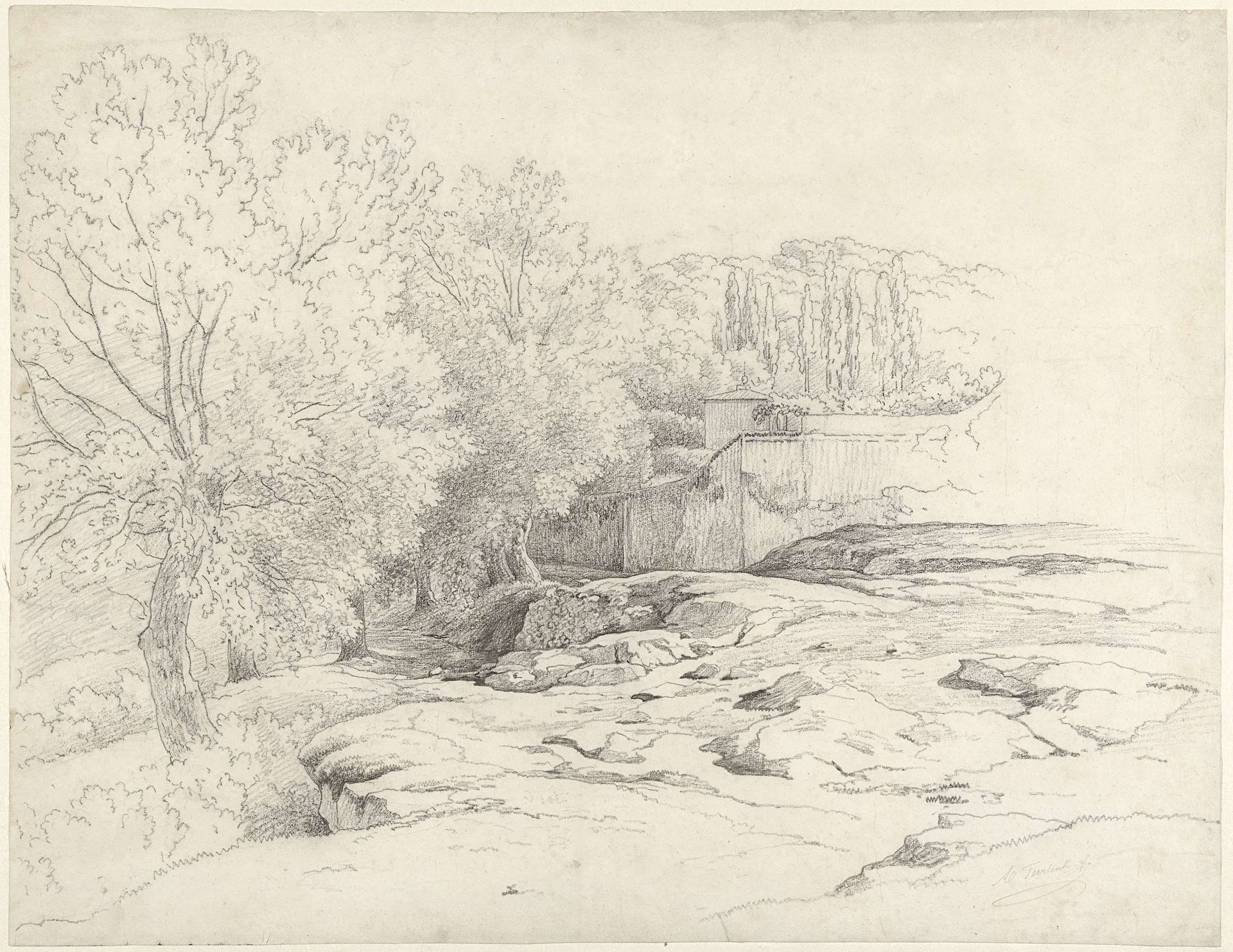 Landschapsstudie met gebouwen by Abraham Teerlink
