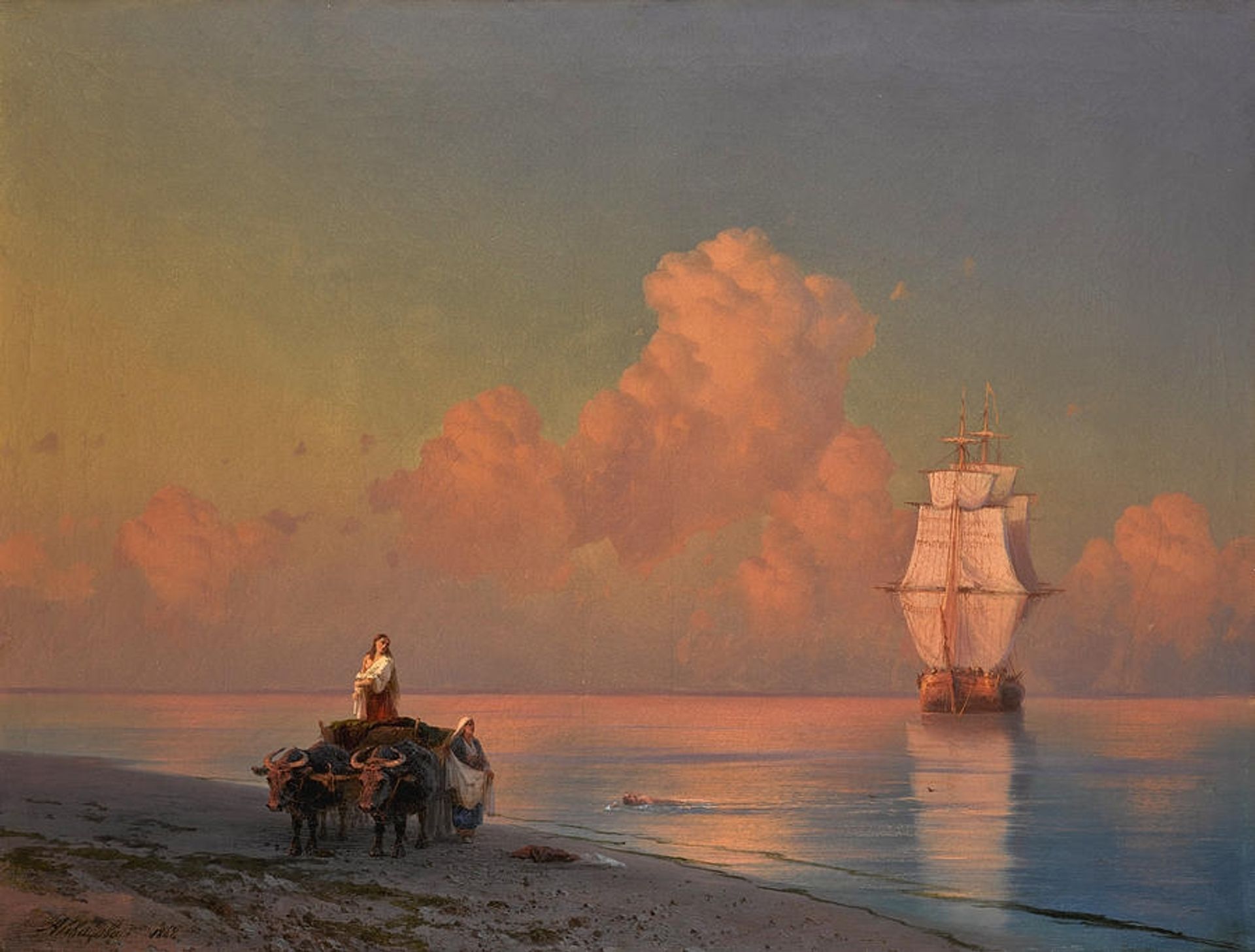 An Ox Drawn Cart on the Shore and a Swimmer in the Shallows by Ivan Konstantinovich Aivazovsky