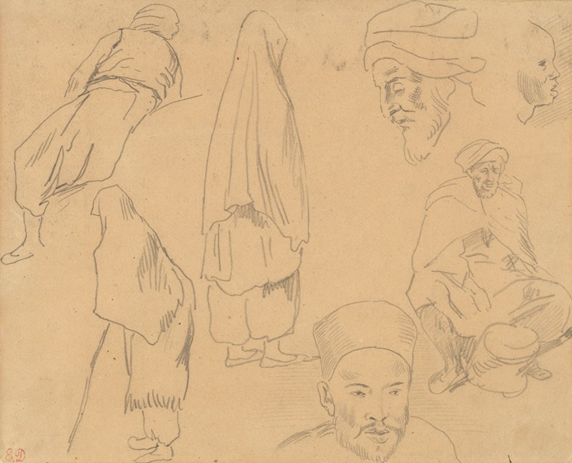Four figure studies of Bedouins and three of head studies by Eugène Delacroix