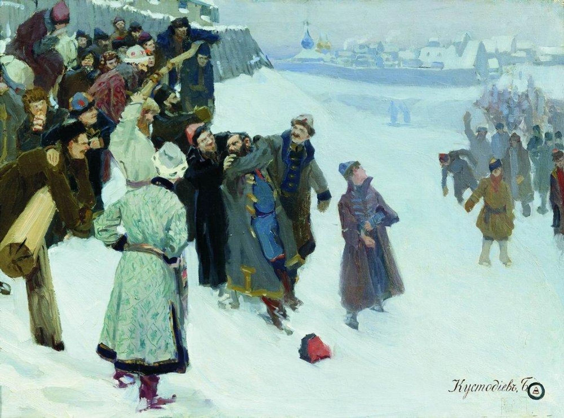 Fist fight on the Moscow River by Boris Kustodiev