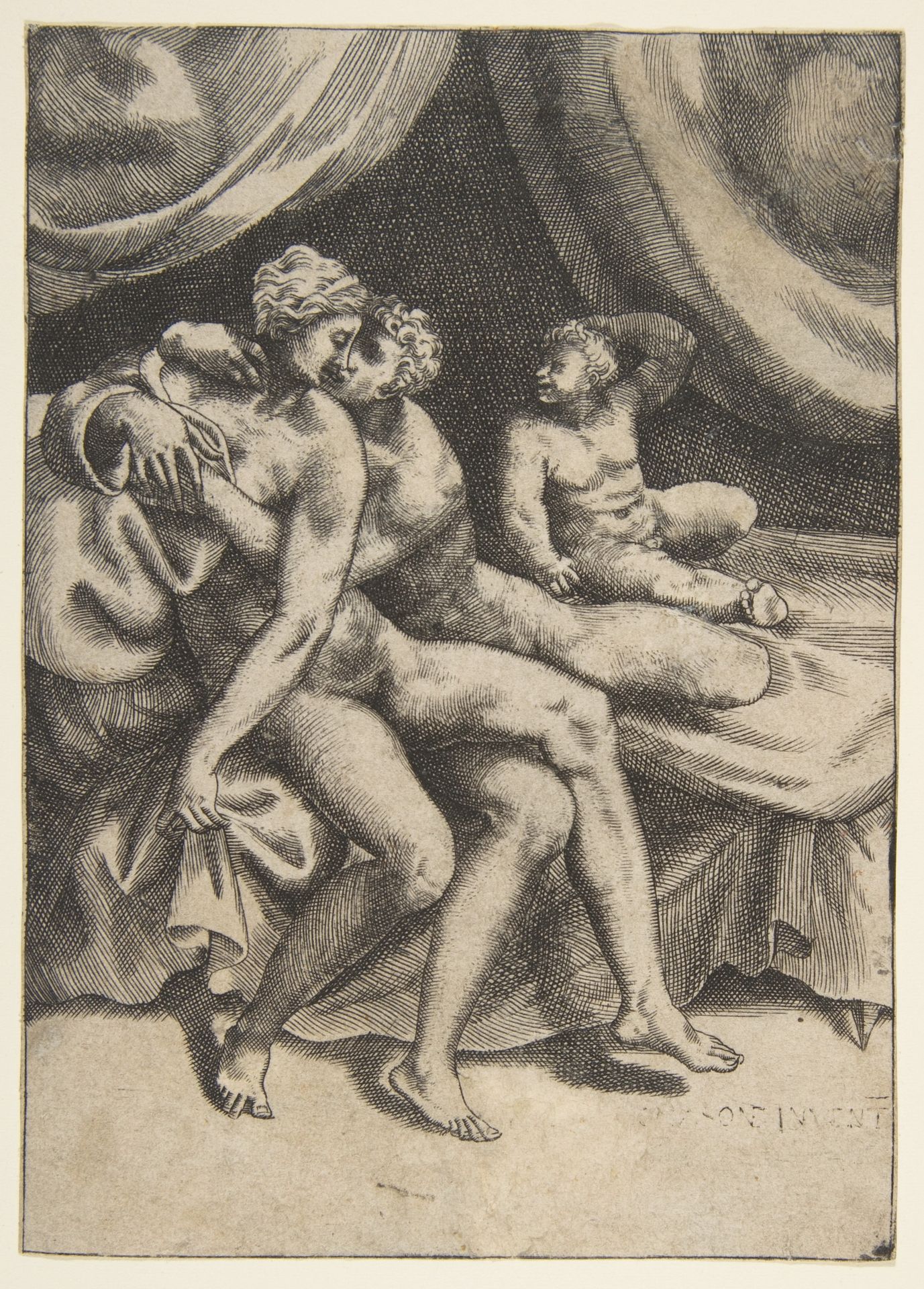 Two lovers on a bed, from "The Loves of the Gods" by Giulio Bonasone