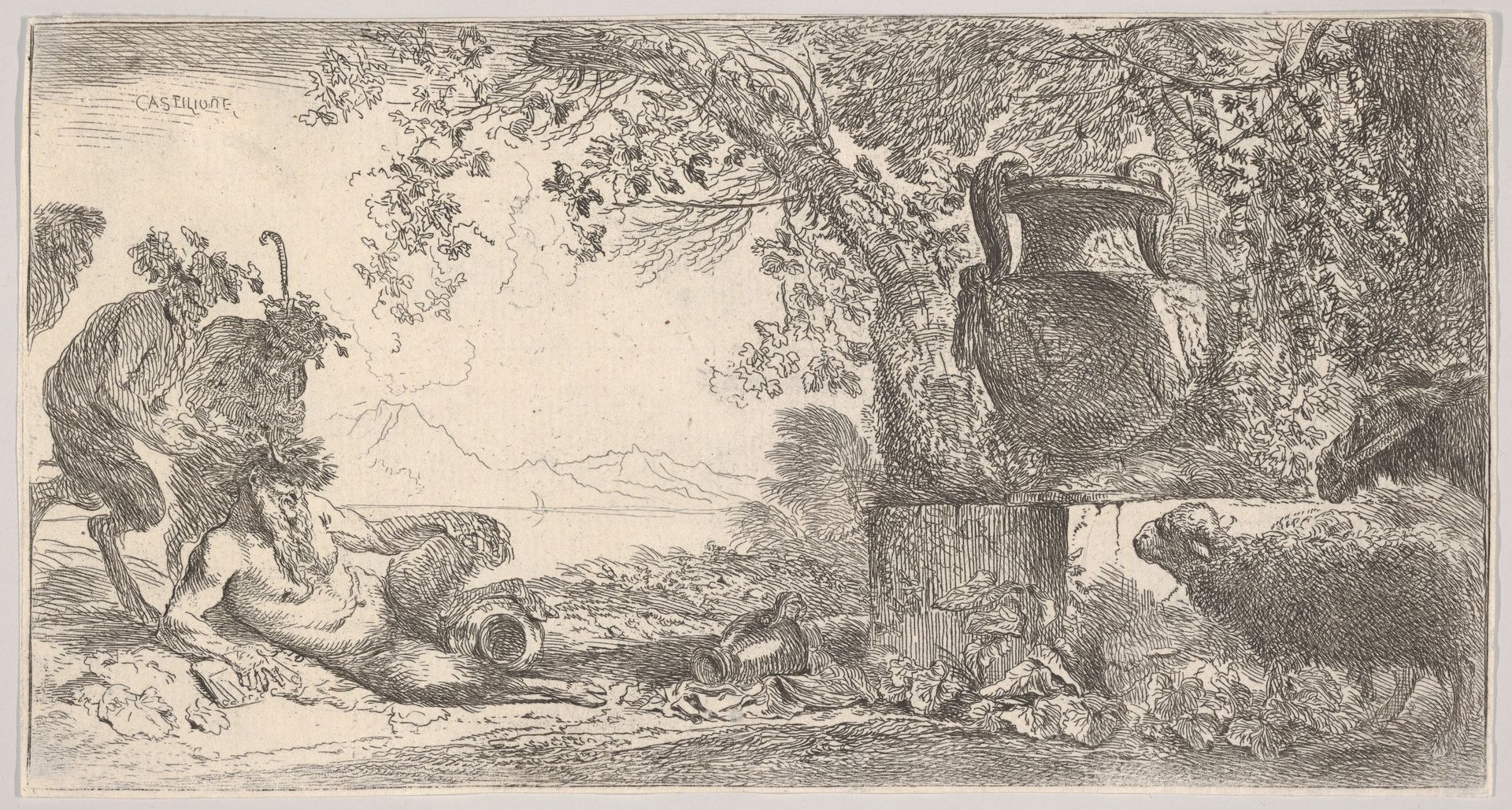 Pan reclining at left with two standing satyrs, a large vase on a pedestal at right by Giovanni Benedetto Castiglione (Il Grechetto)