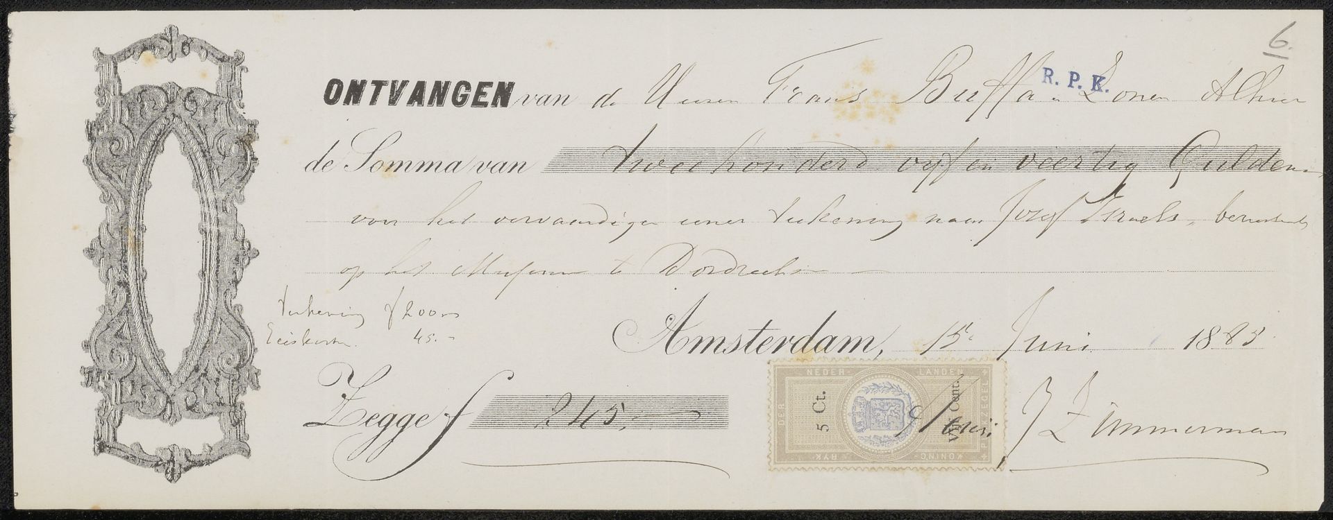 Kwitantie voor Hendrik Jan Zimmerman by Frans Buffa en Zonen