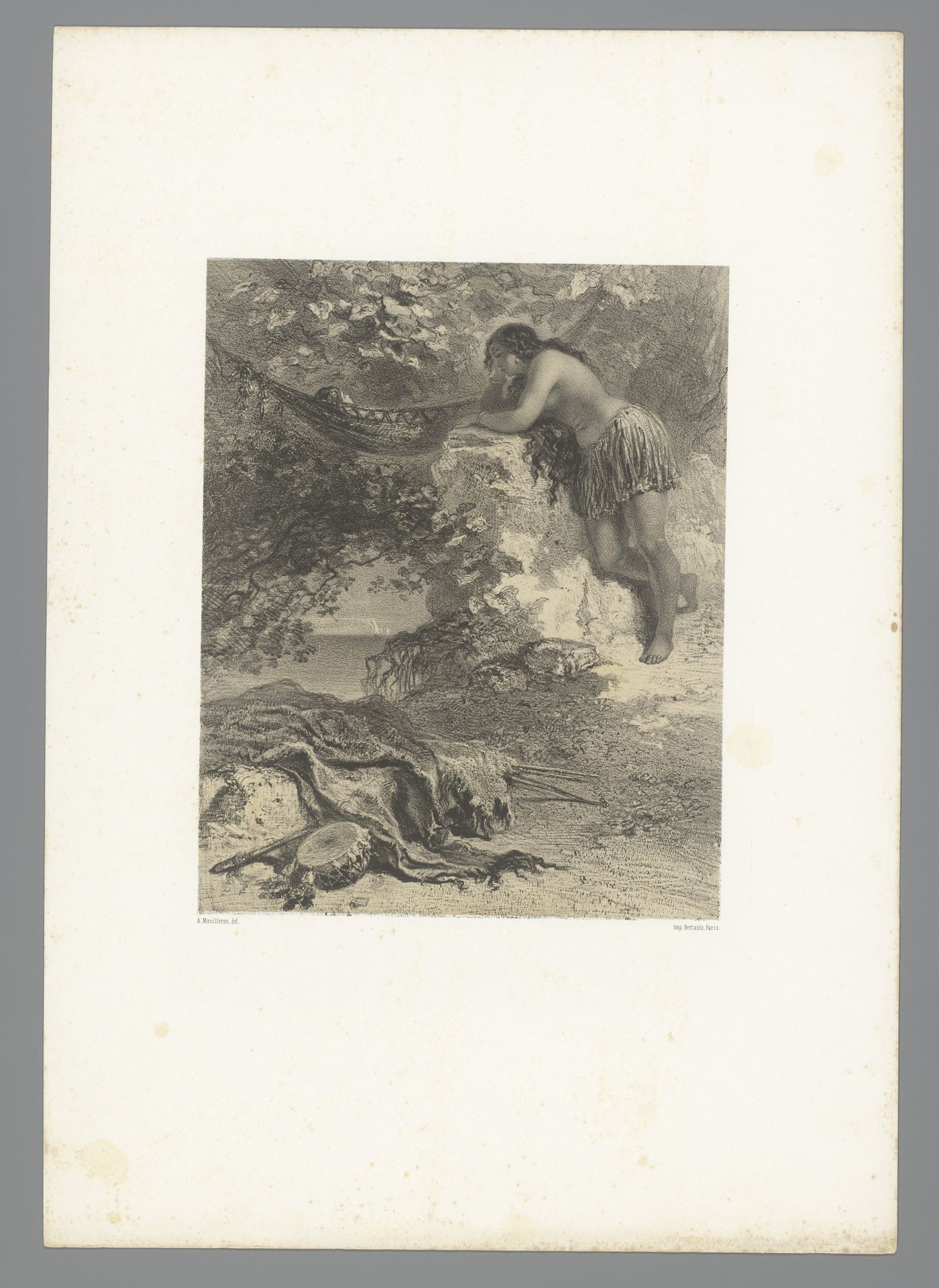 Vrouw in raffiarok bij kind in hangmat by Adolphe Mouilleron