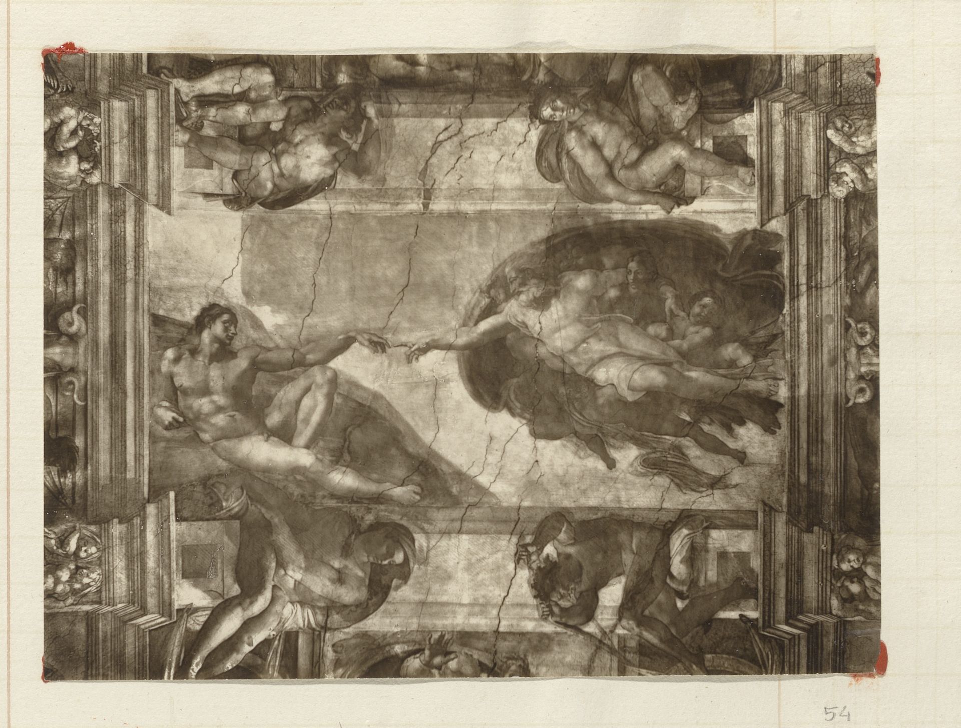 Fotoreproductie van (vermoedelijk) een prent naar een fresco van Michelangelo in de Sixtijnse Kapel, voorstellend de schepping van Adam by Anonymous