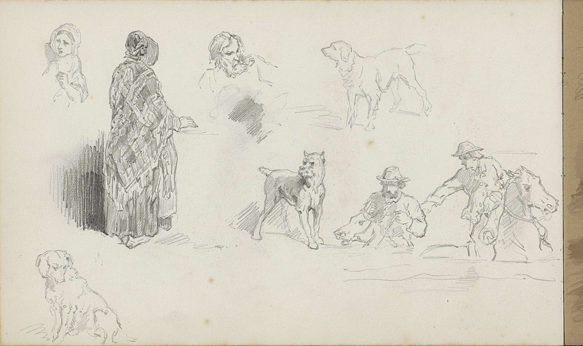 Studieblad met honden, ruiters en figuren by Charles Rochussen