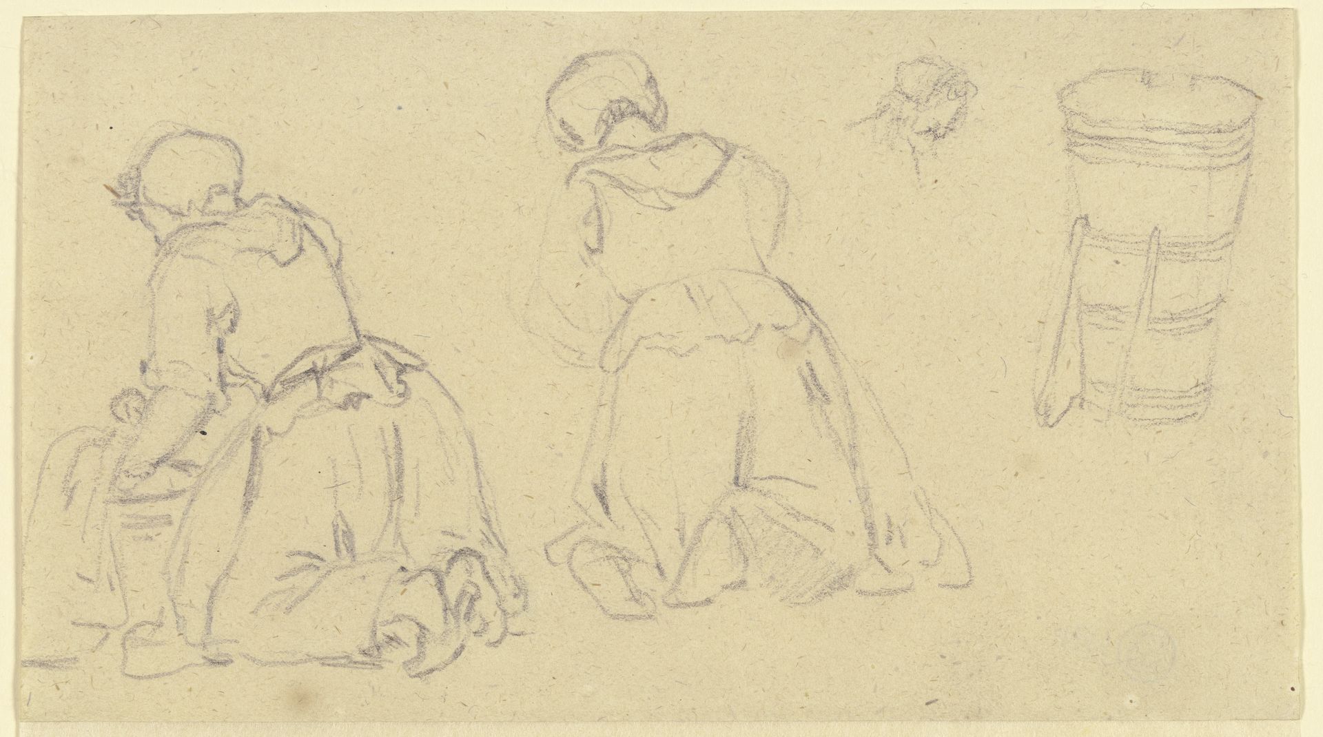 Zwei kniende Frauen in Rückenansicht, rechts eine Kiepe by Georg Melchior Kraus