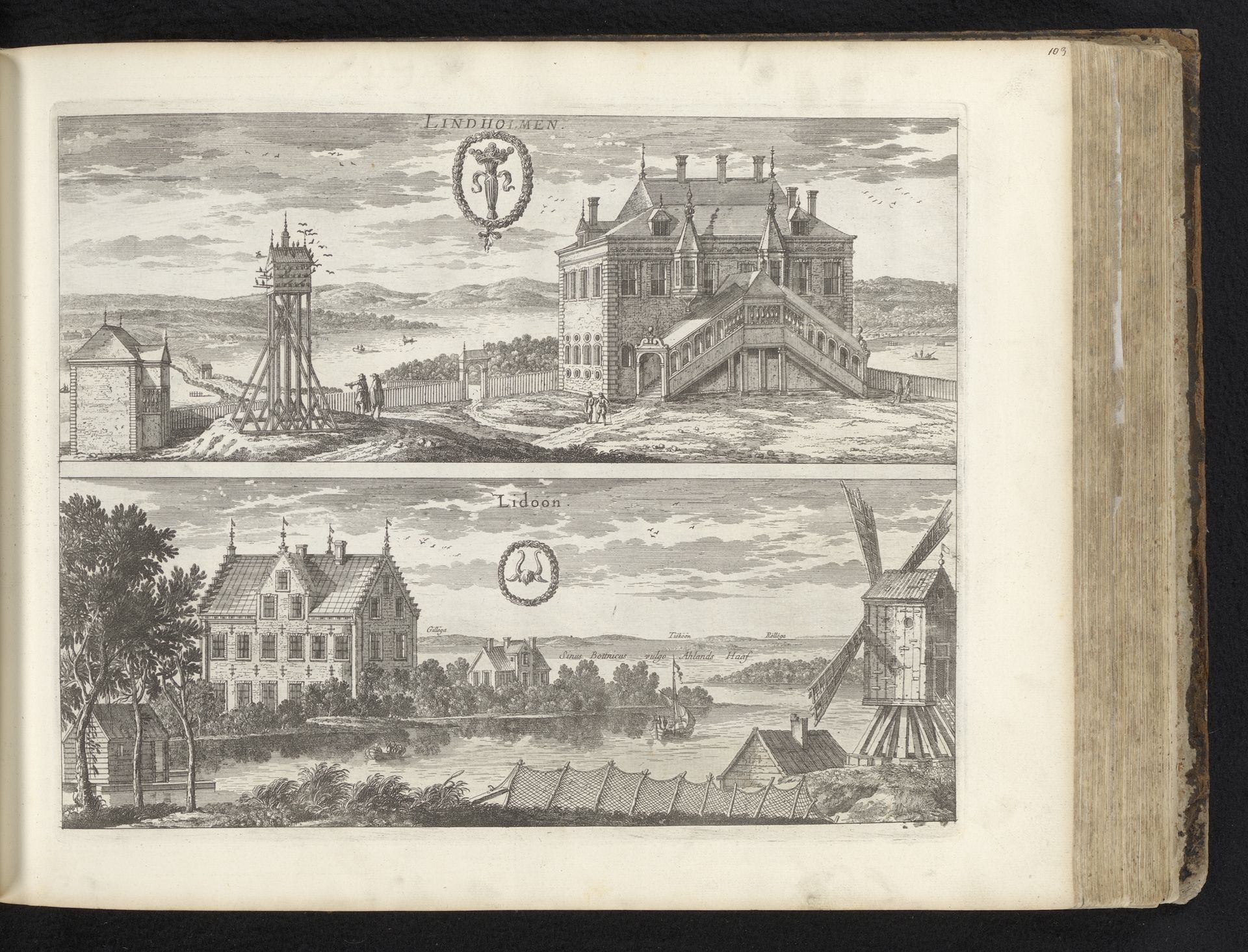 Gezicht op het herenhuis Lindholmen en het huis Lidö by Nicolas Perelle