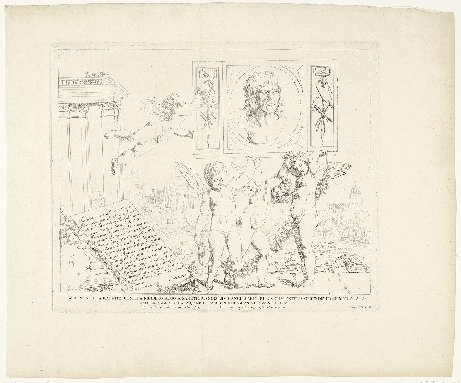 Titelprent met portret van Andrea Mantegna en putti by Giovanni David