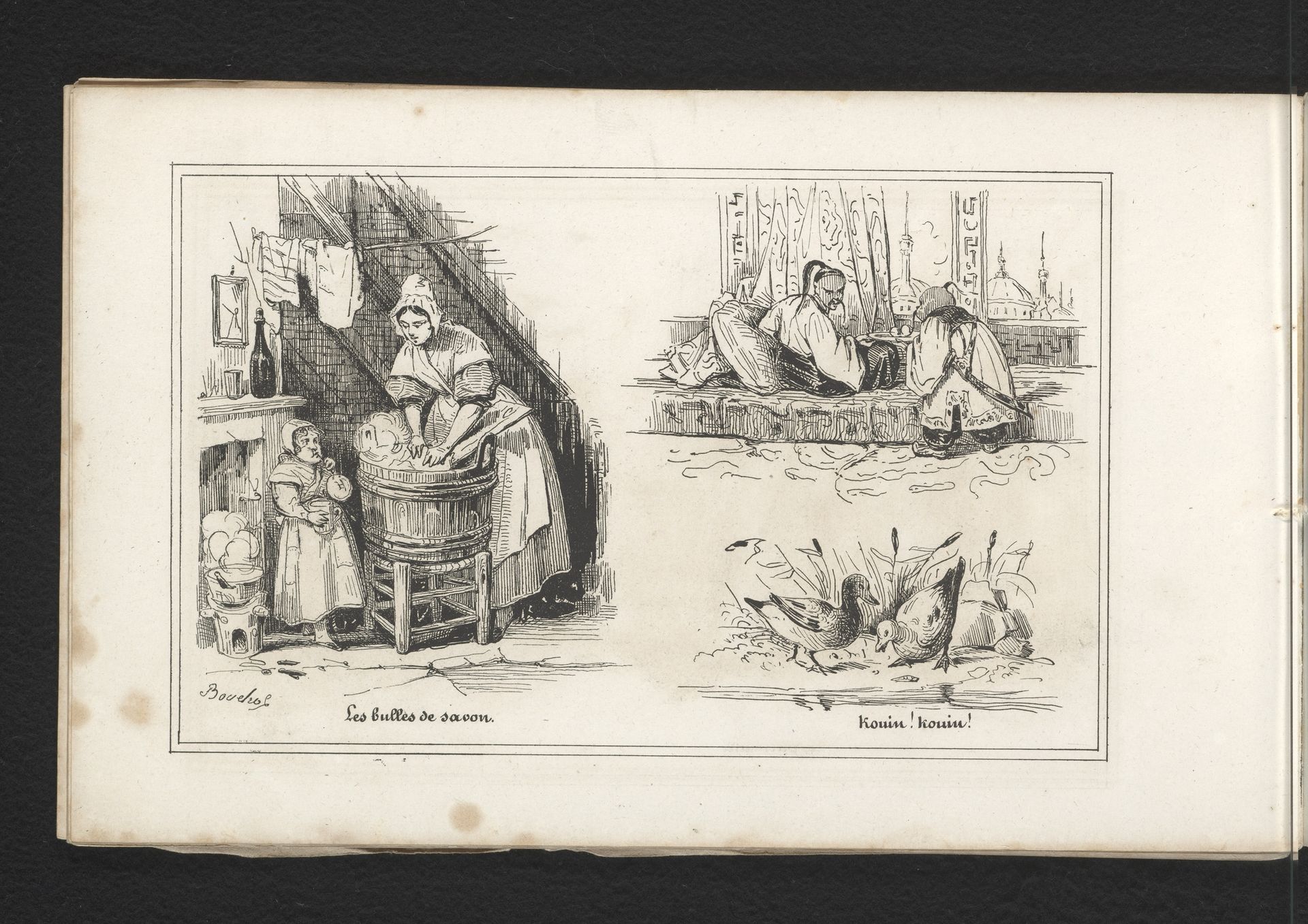 Kind dat zeepbellen blaast, twee mannen in Chinese klederdracht en twee eenden by Frédéric Bouchot