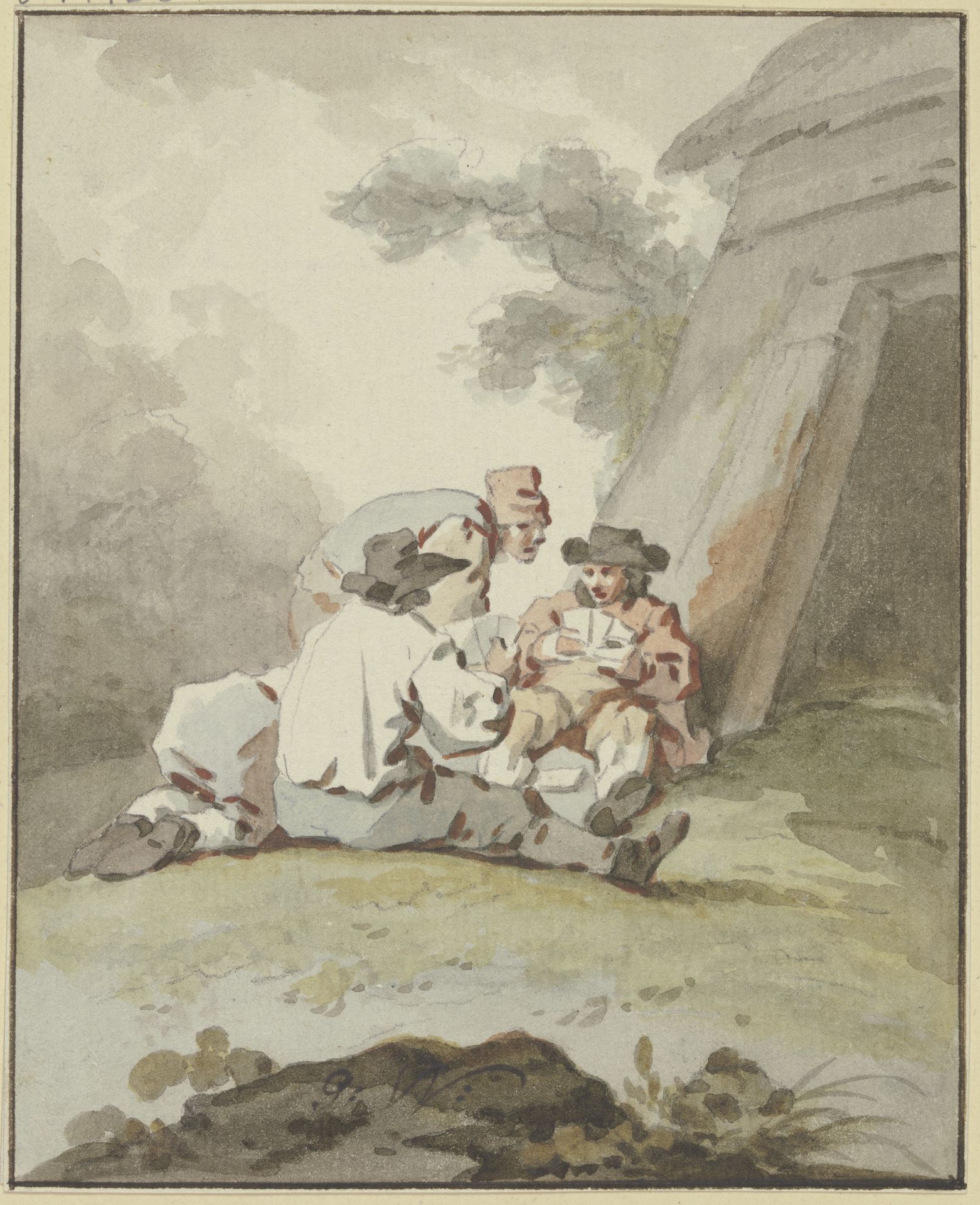 Vier Männer vor einer Hütte am Boden sitzend oder hockend beim Kartenspiel by Gottlieb Welté