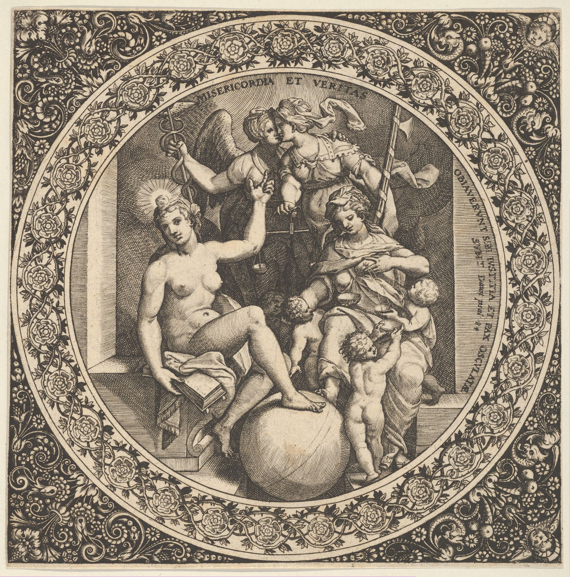 Scene with Misericordia and Veritas in a Circle at Center by Theodor de Bry