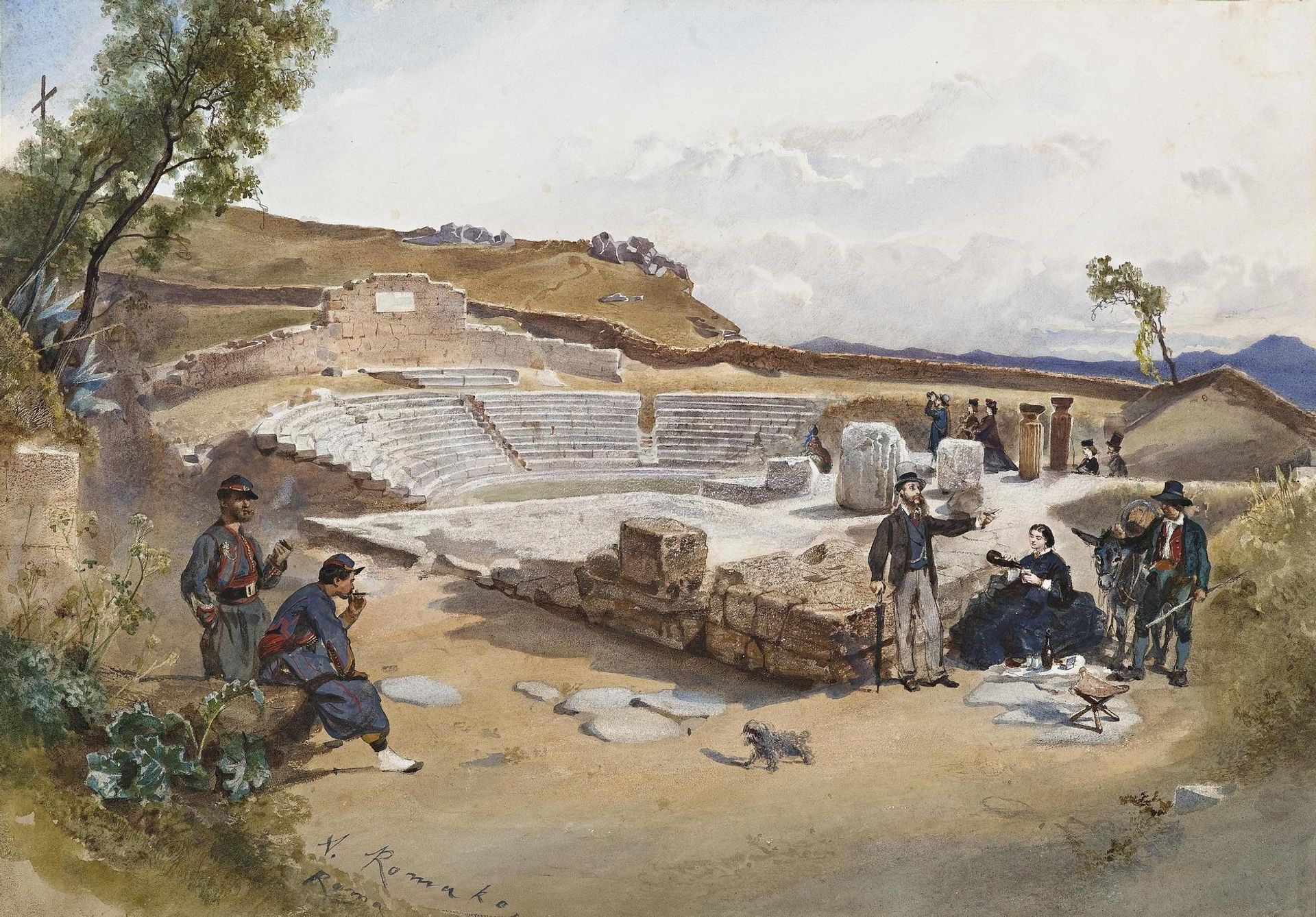 Self-portrait of the artist with his wife on a picnic at the Amphiteatre Tuscolo near Frascati by Anton Romako