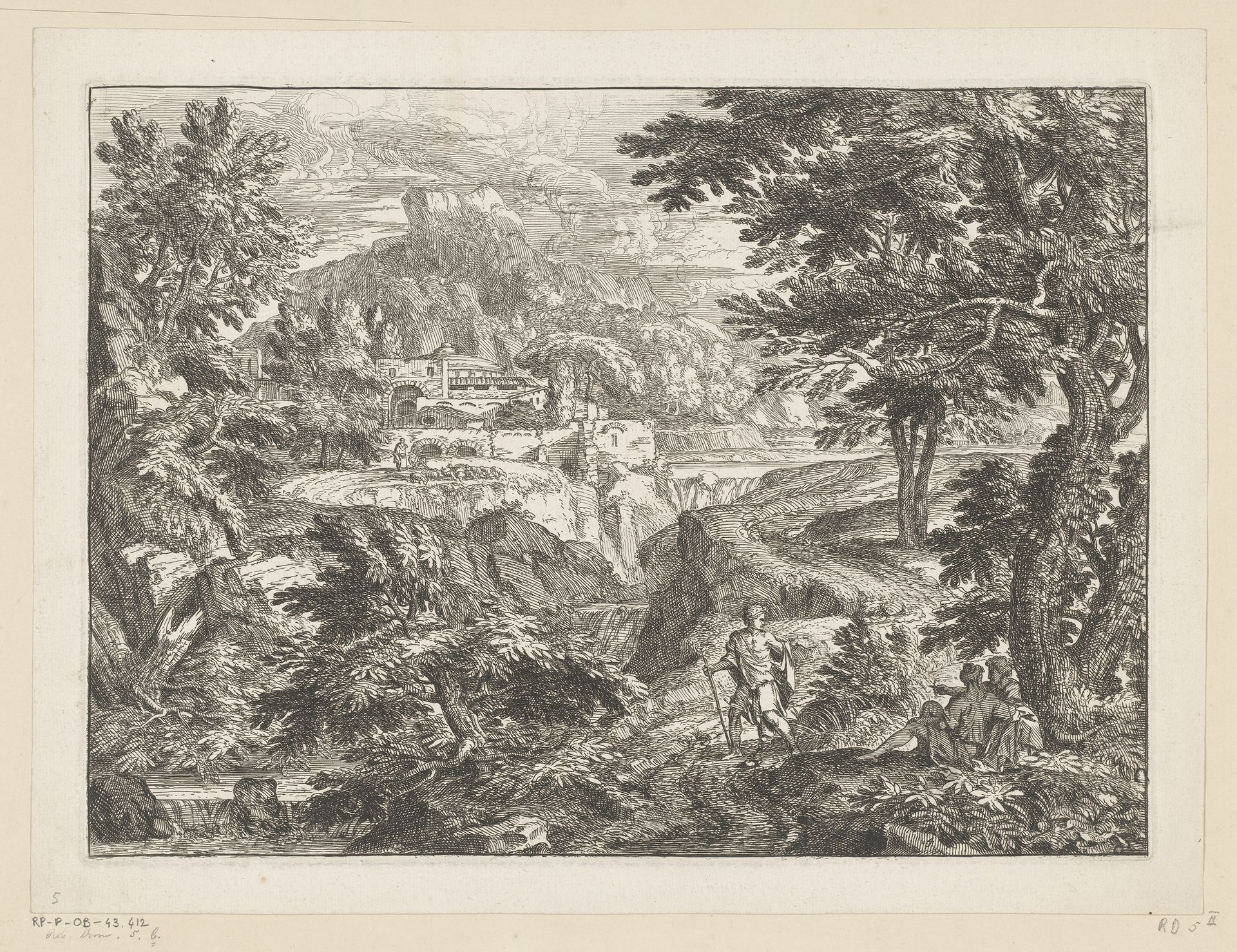 Landschap met een man en vrouw onder een boom gezeten en een staande man op een pad by Georges Focus