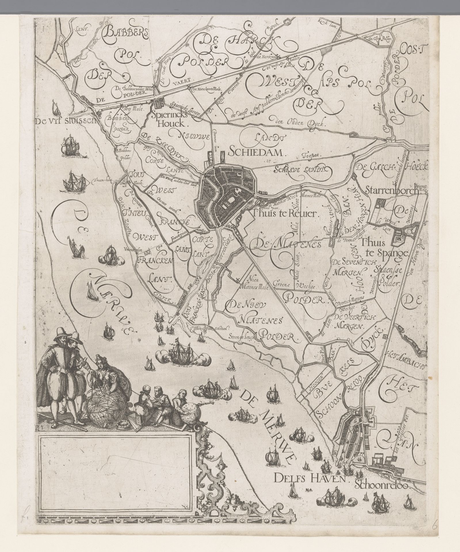 Kaart van het Hoogheemraadschap van Schieland, met Schiedam en Delfshaven by Floris Balthasarsz van Berckenrode