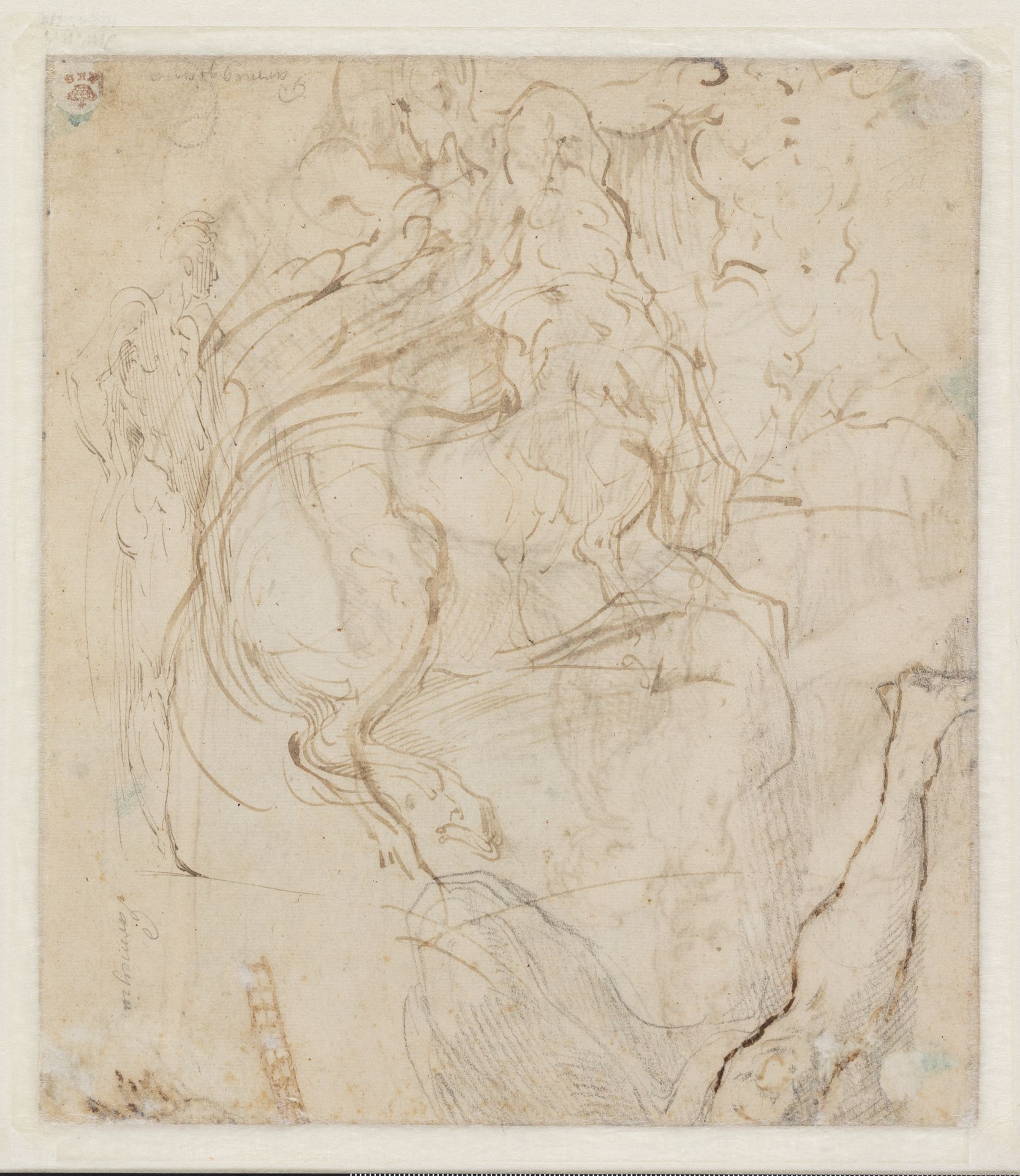 Skitser til Nessus (Herkules og kentauren Nessus). Skitse til stående, sidevendt mandsfigur, studier af et par mandsben by Parmigianino