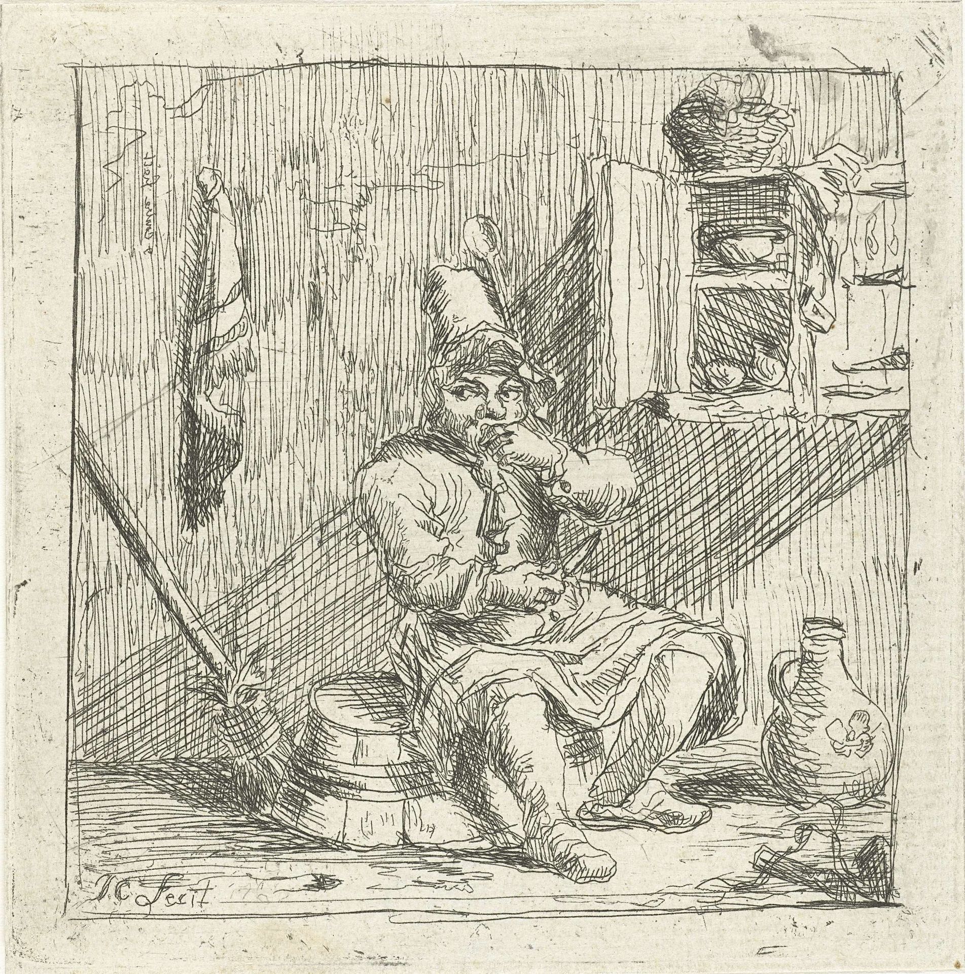 Man zit in de keuken op een omgedraaide wastobbe en eet by Jean Covitré