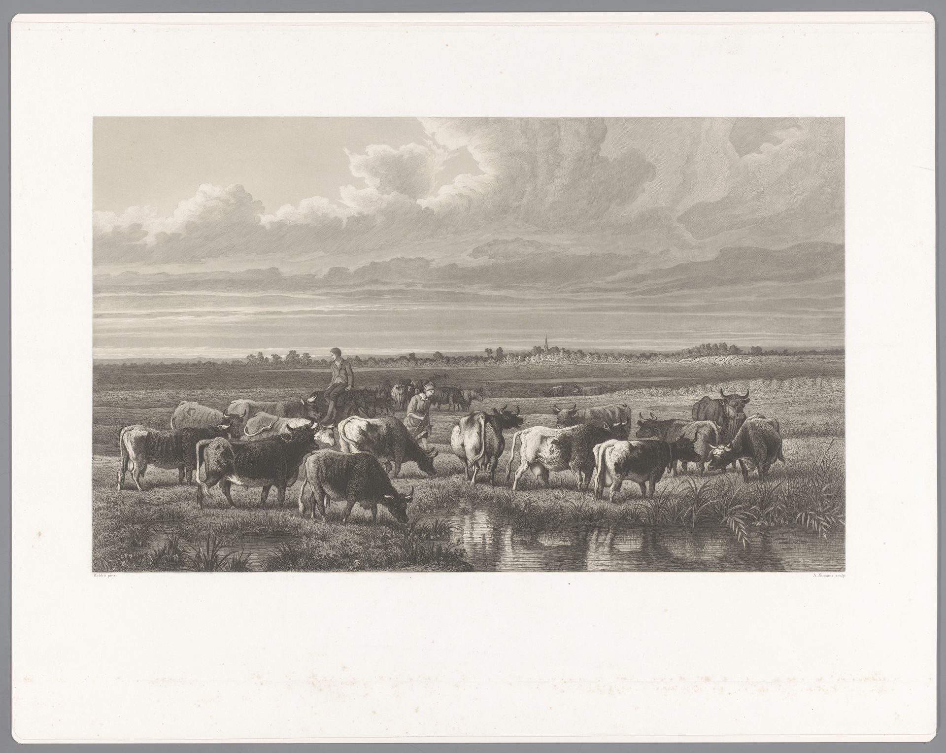 Landschap met een kudde runderen en twee herders by Auguste Numans