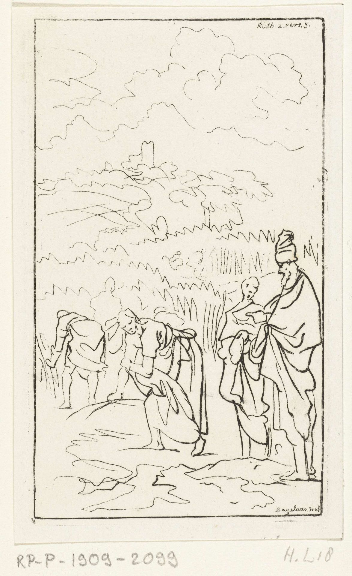 Ruth, Boaz en een opzichter werken op het land by Ernst Willem Jan Bagelaar
