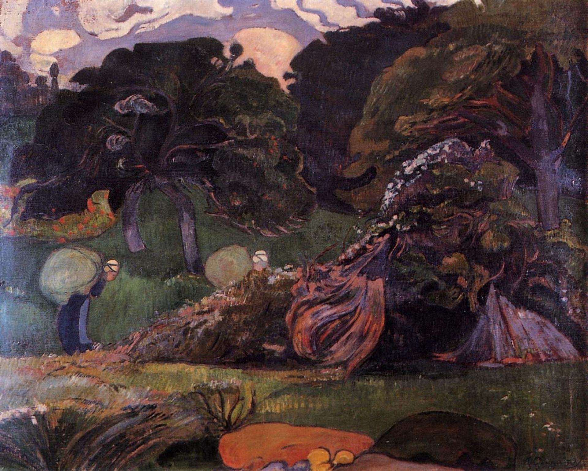 Brittany landscape with women carrying sack by Paul Gauguin