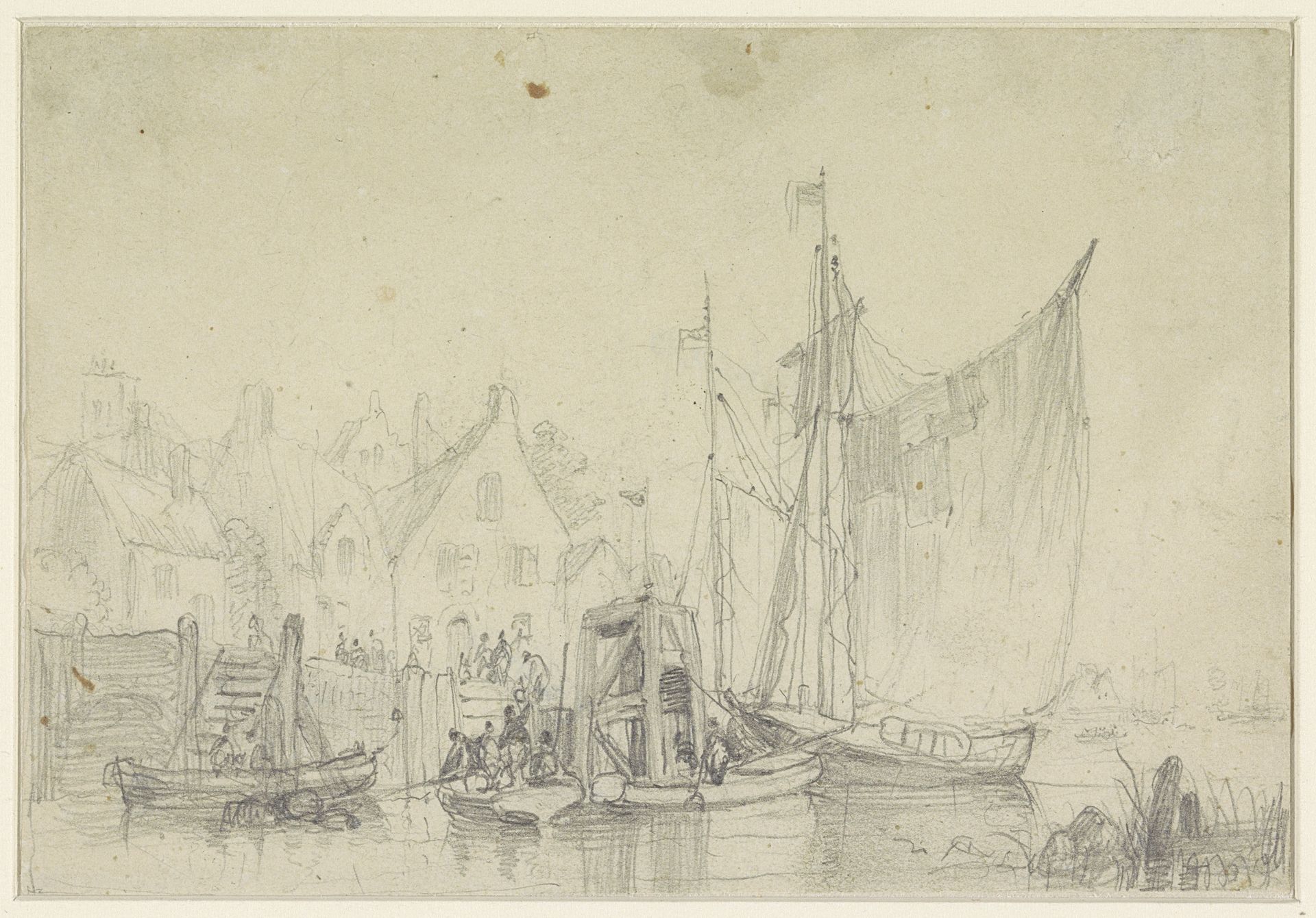 Het vertrek van boten uit een dorp by Henri Adolphe Schaep