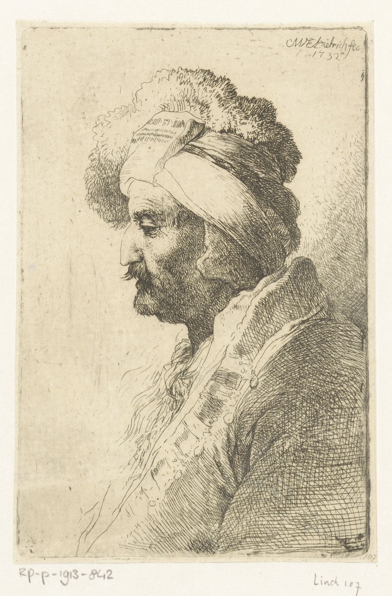 Neerkijkende man met bontmuts by Christian Wilhelm Ernst Dietrich
