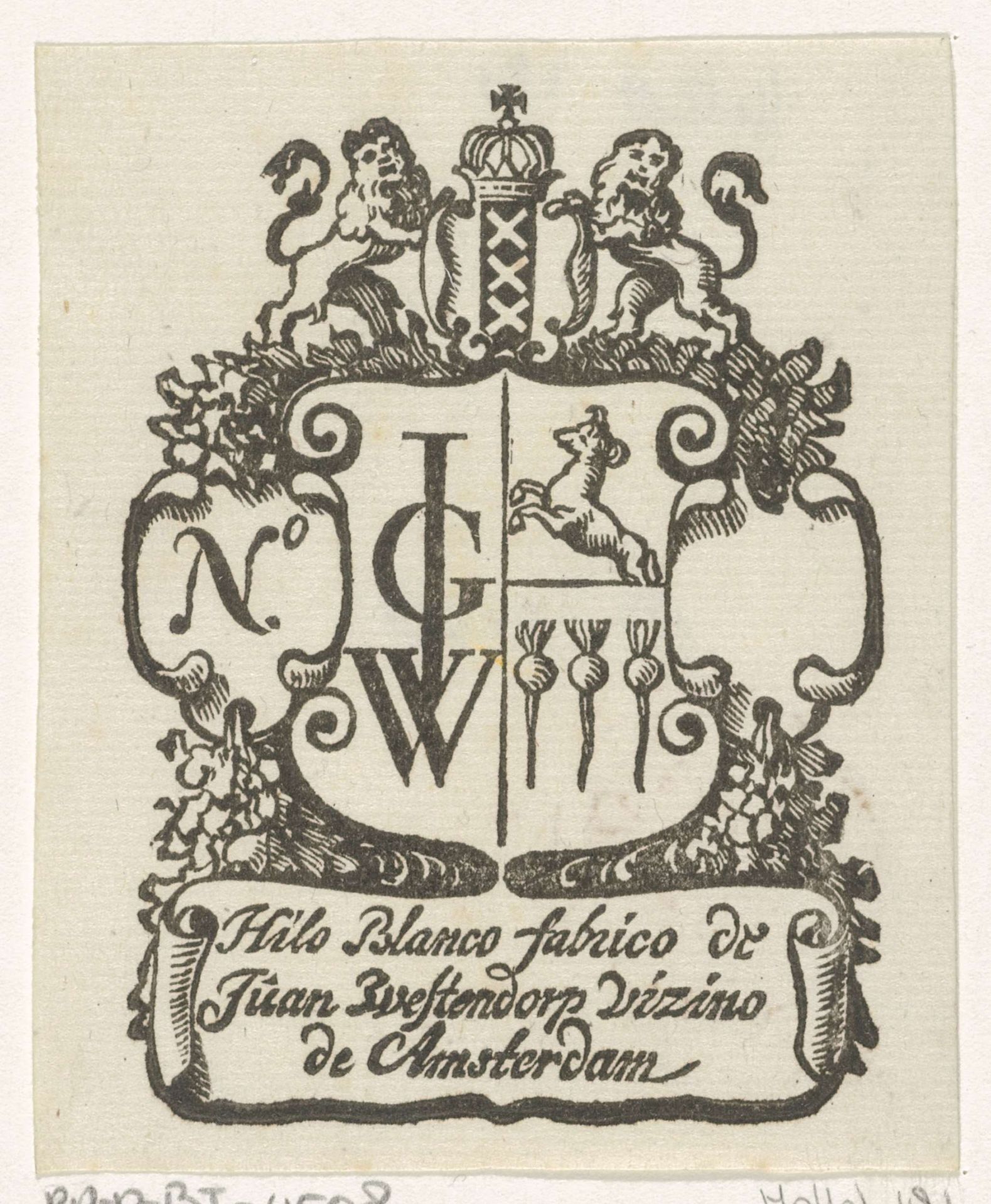 Handelsetiket van Jan Westerhoven te Amsterdam by Isaac Vincentsz. van der Vinne
