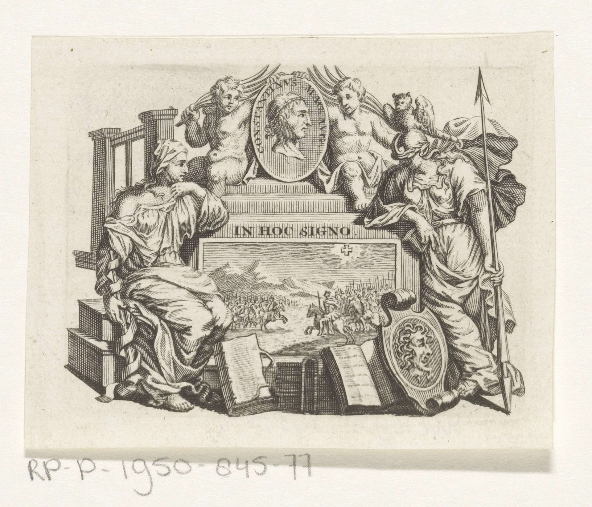 Vignet met zittende vrouw en Minerva by Anonymous
