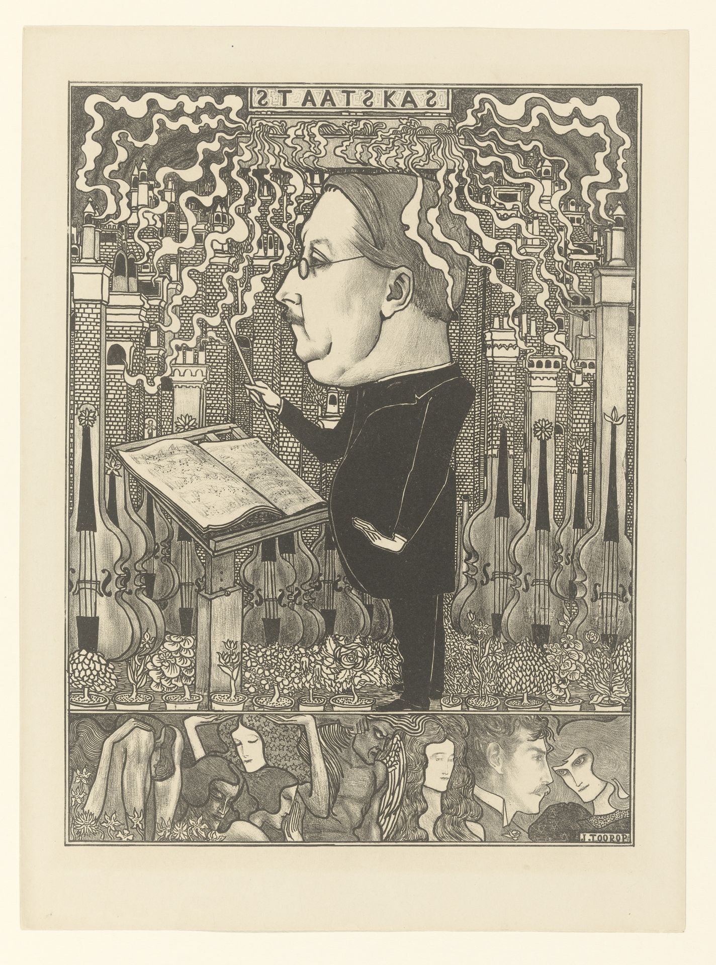 Dirigent met daarachter violen en rokende schoorstenen by Jan Toorop