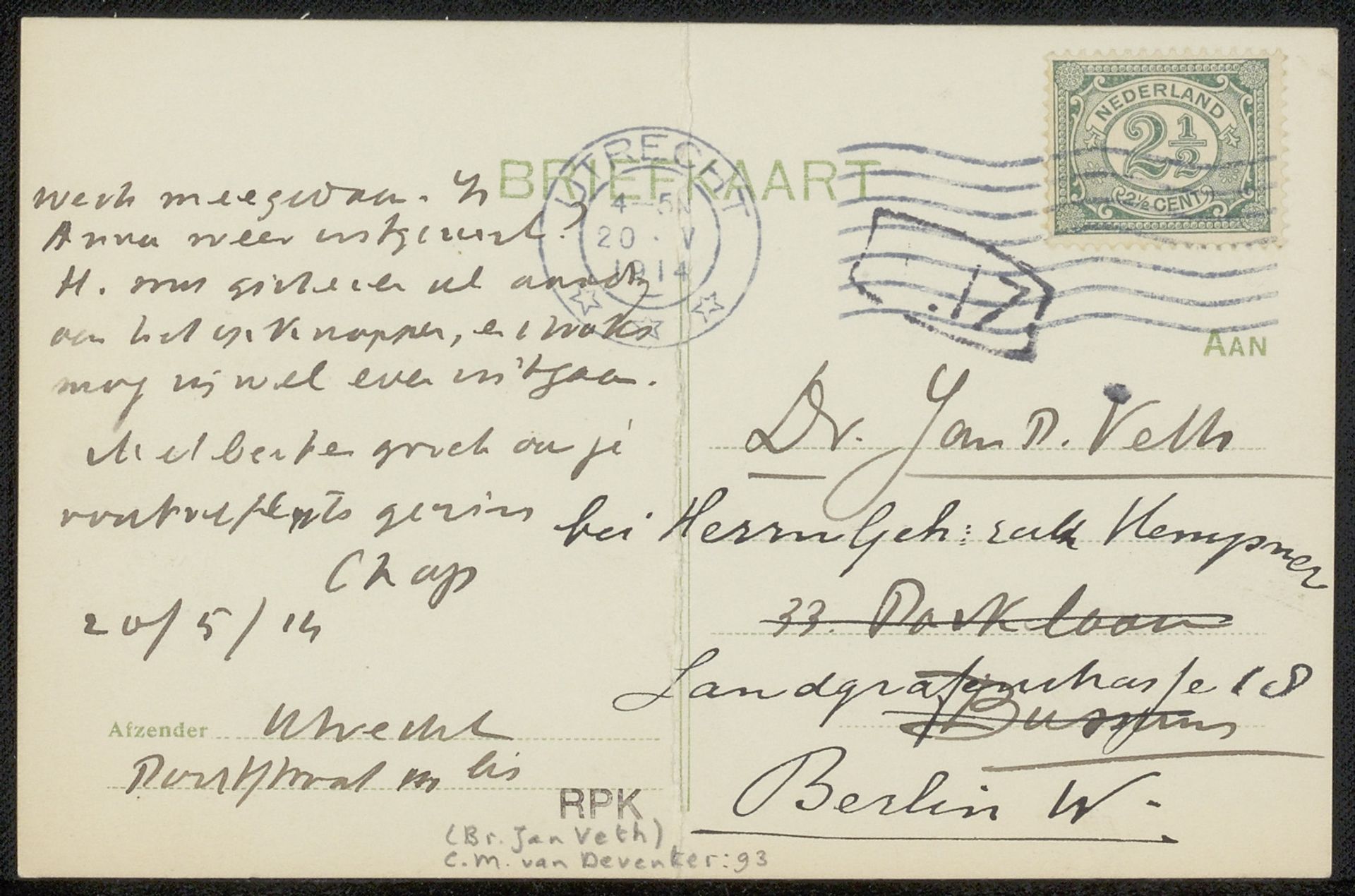 Briefkaart aan Jan Veth by Chap van Deventer