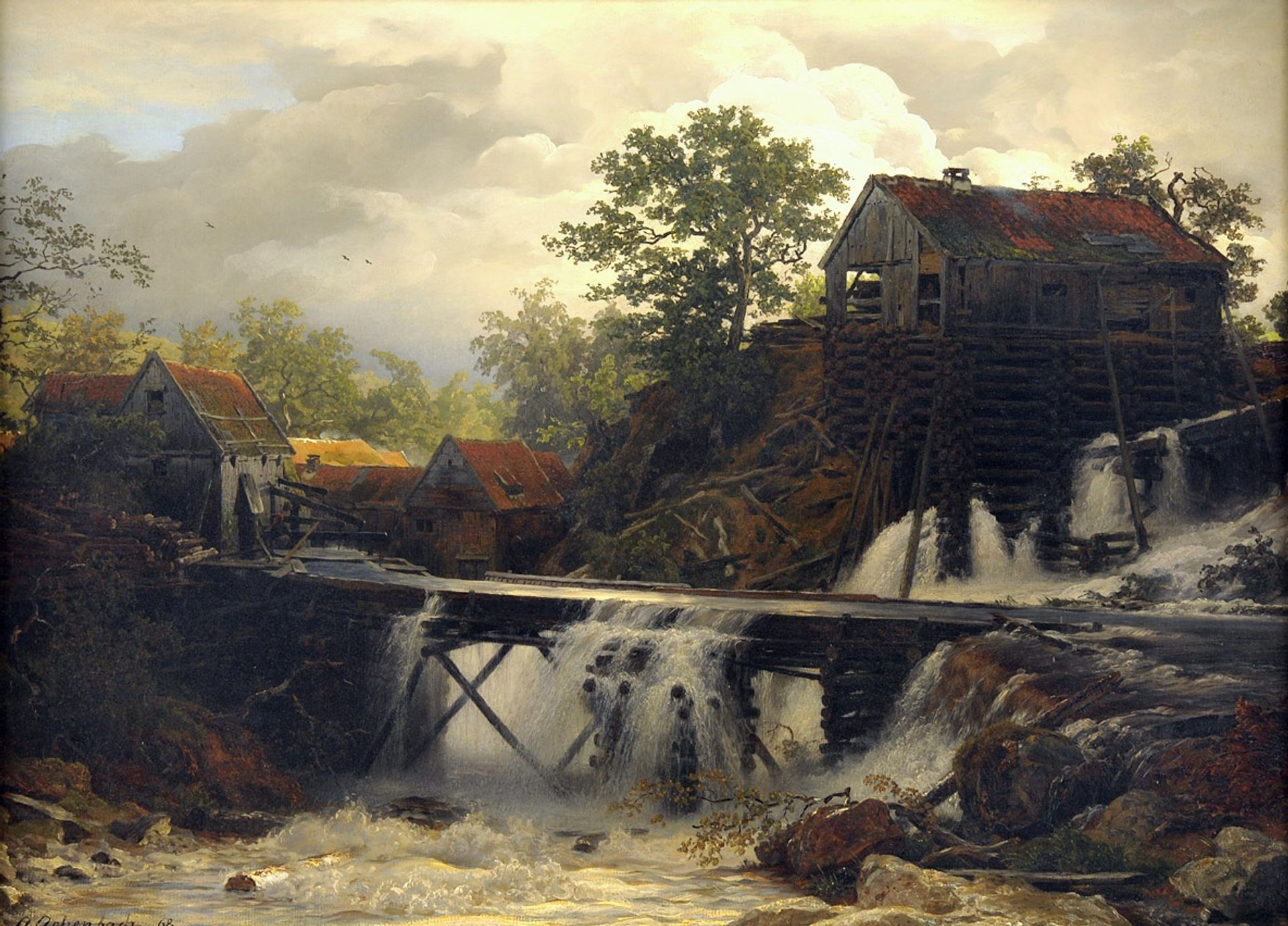Mill in the forest at a falling mountain water by Andreas Achenbach