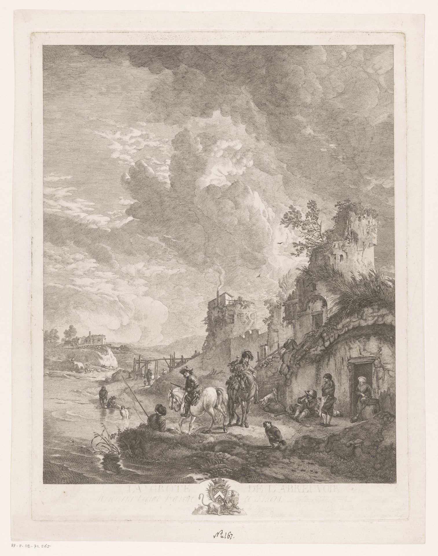 Rivierlandschap met figuren langs de waterkant by Jean Moyreau