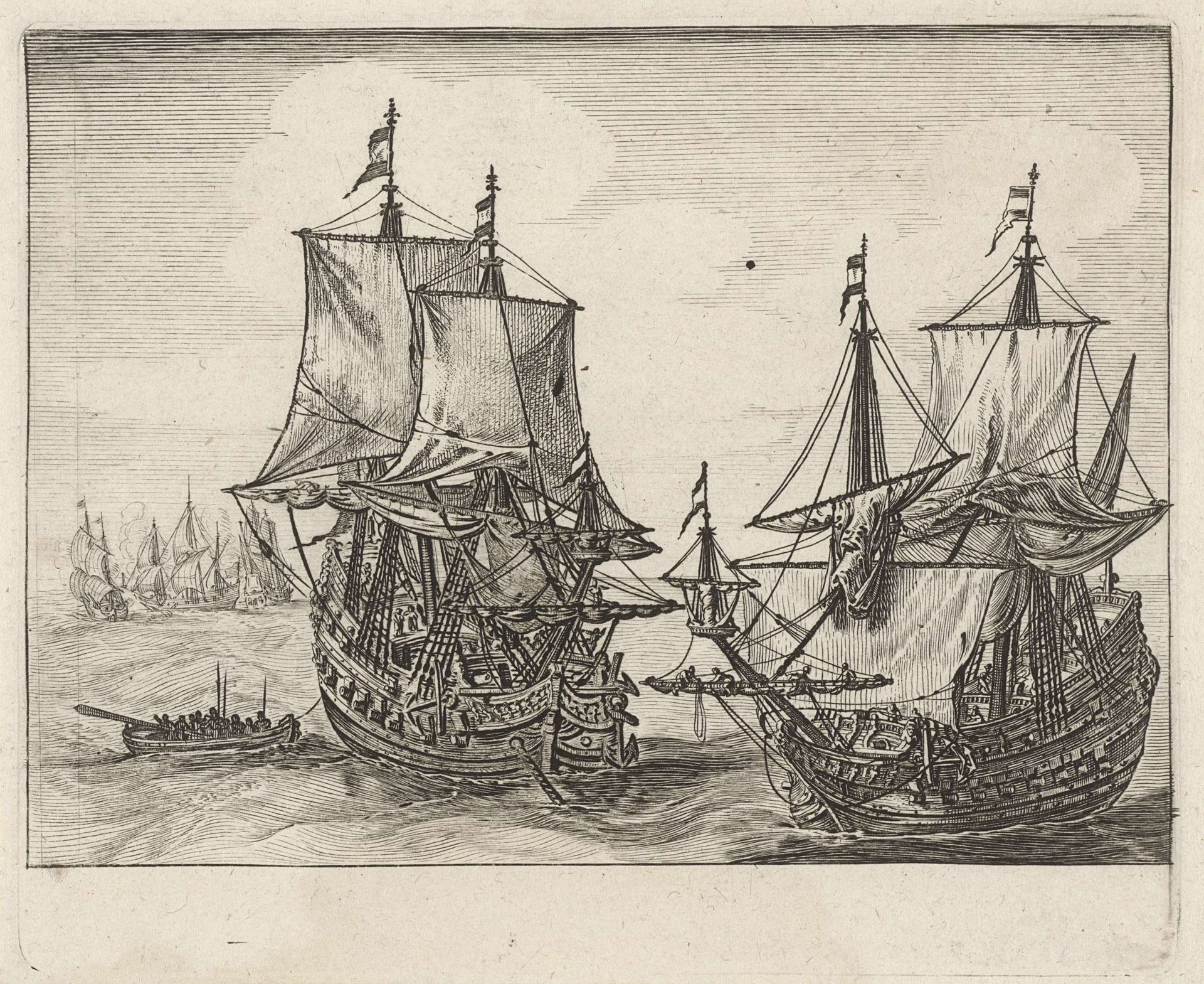 Twee Nederlandse oorlogsschepen voor anker by Salomon Savery