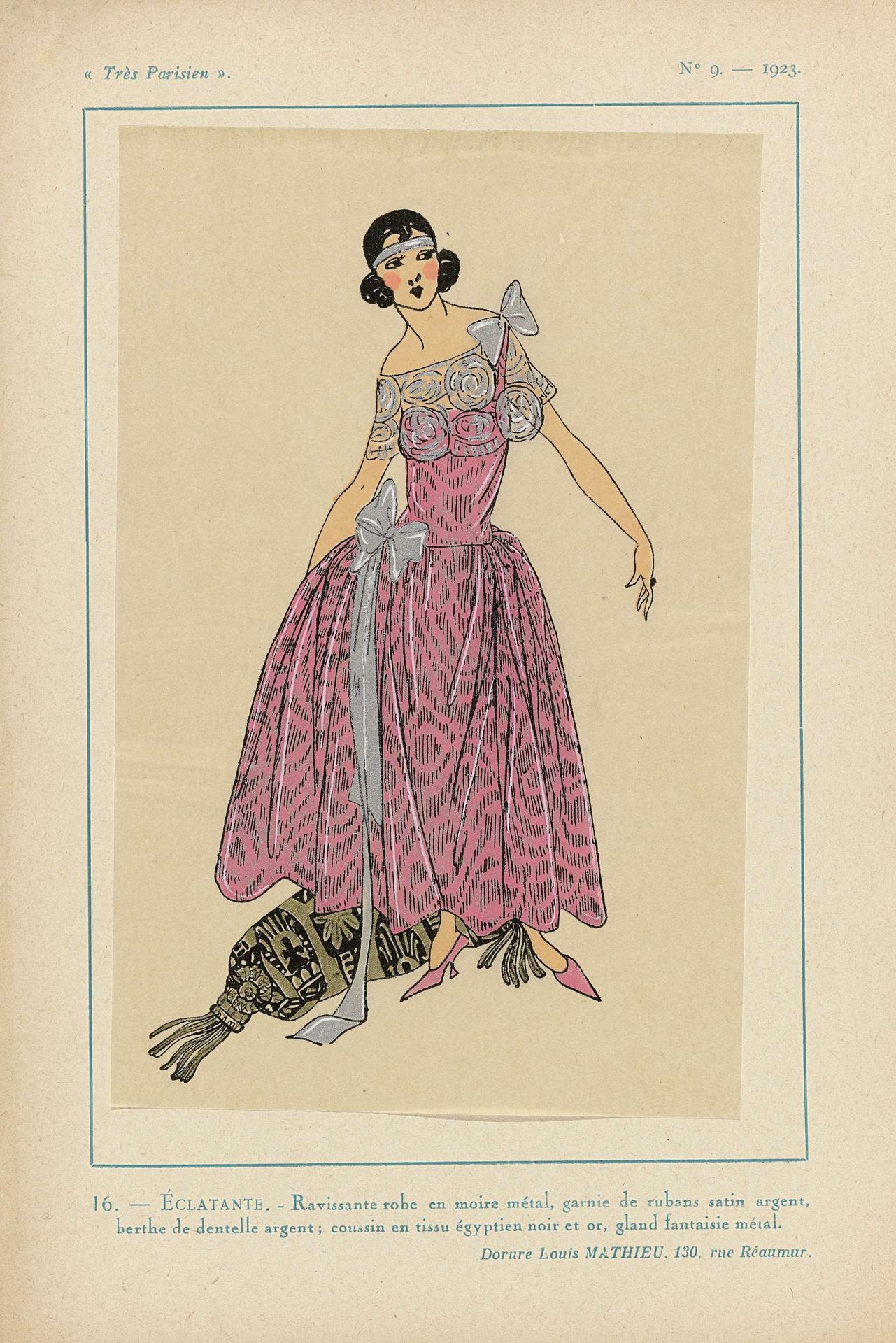 Très Parisien, 1923, No 9: 16.- ÉCLATANTE. - Ravissante robe en moire... by Anonymous