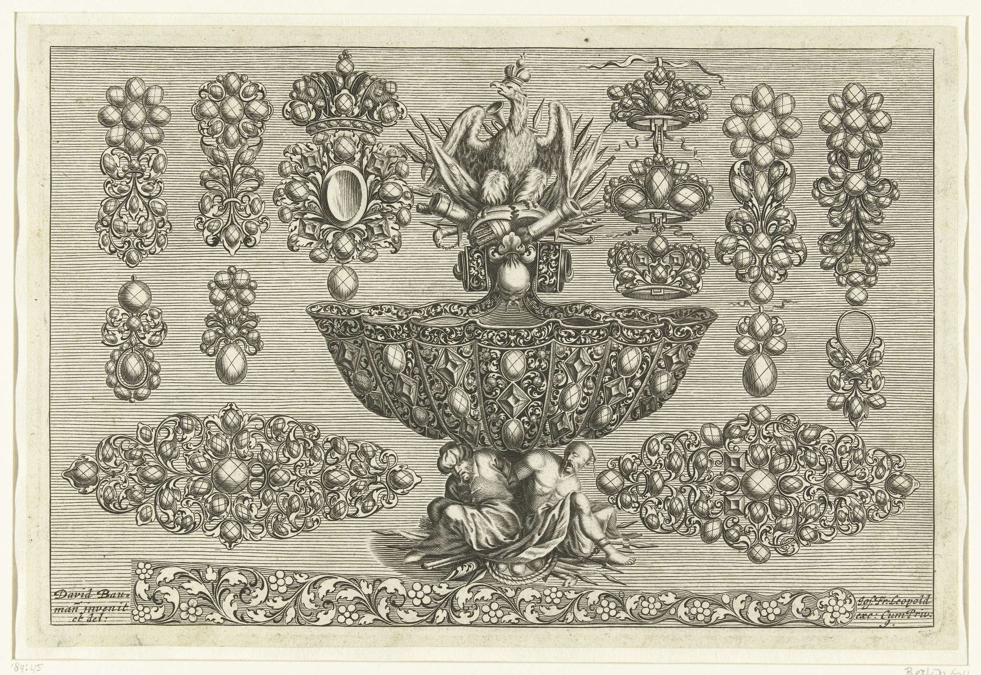 Veertien ontwerpen voor juwelen, een schaal en een waaierhandvat by Joseph Friedrich Leopold