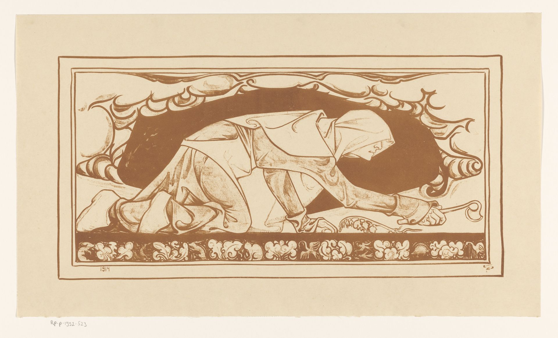 Man in monnikspij kruipend met schoffel by Jac Jongert