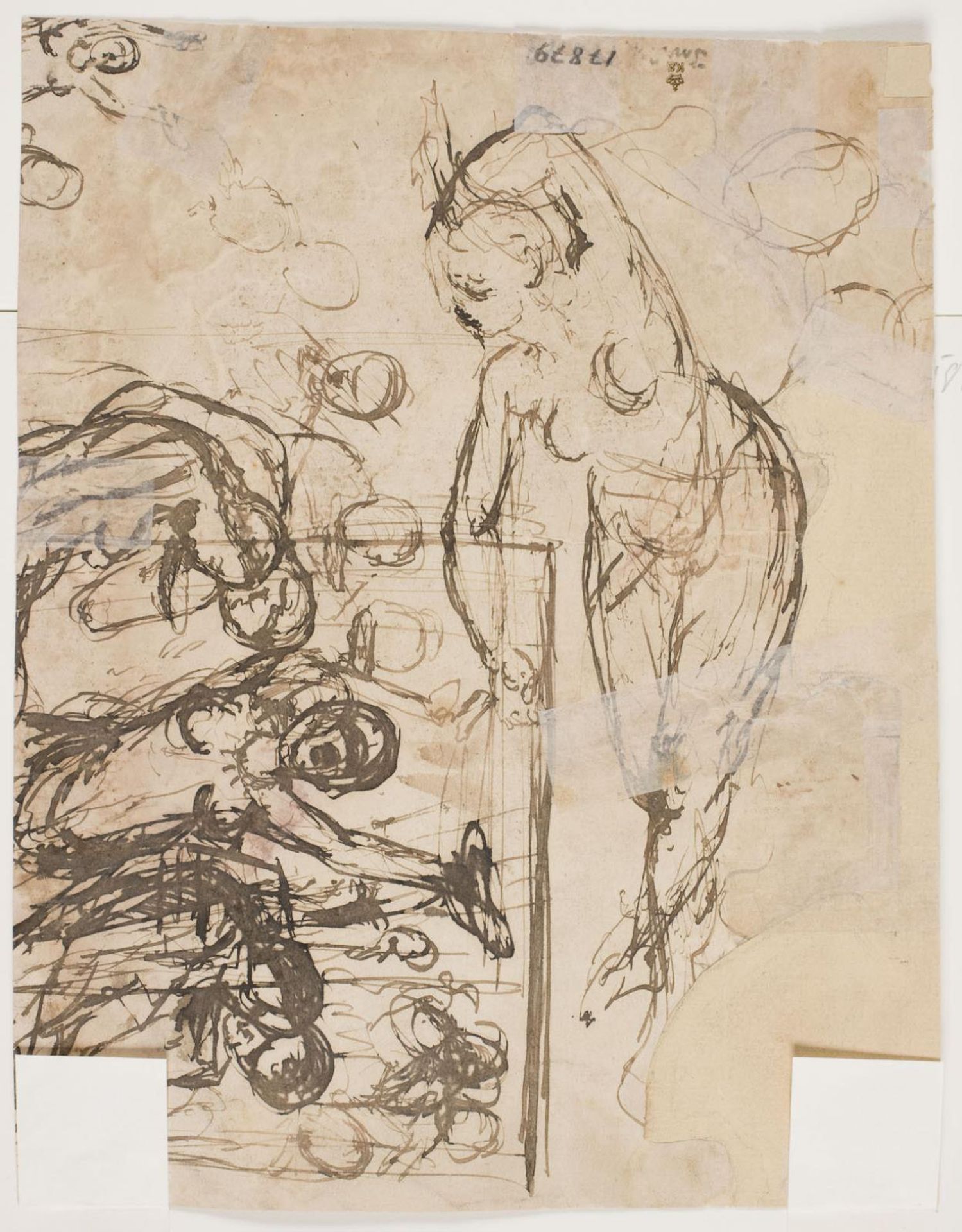 Liggende kvindelig figur, herunder drikkende personer by Kristian Zahrtmann