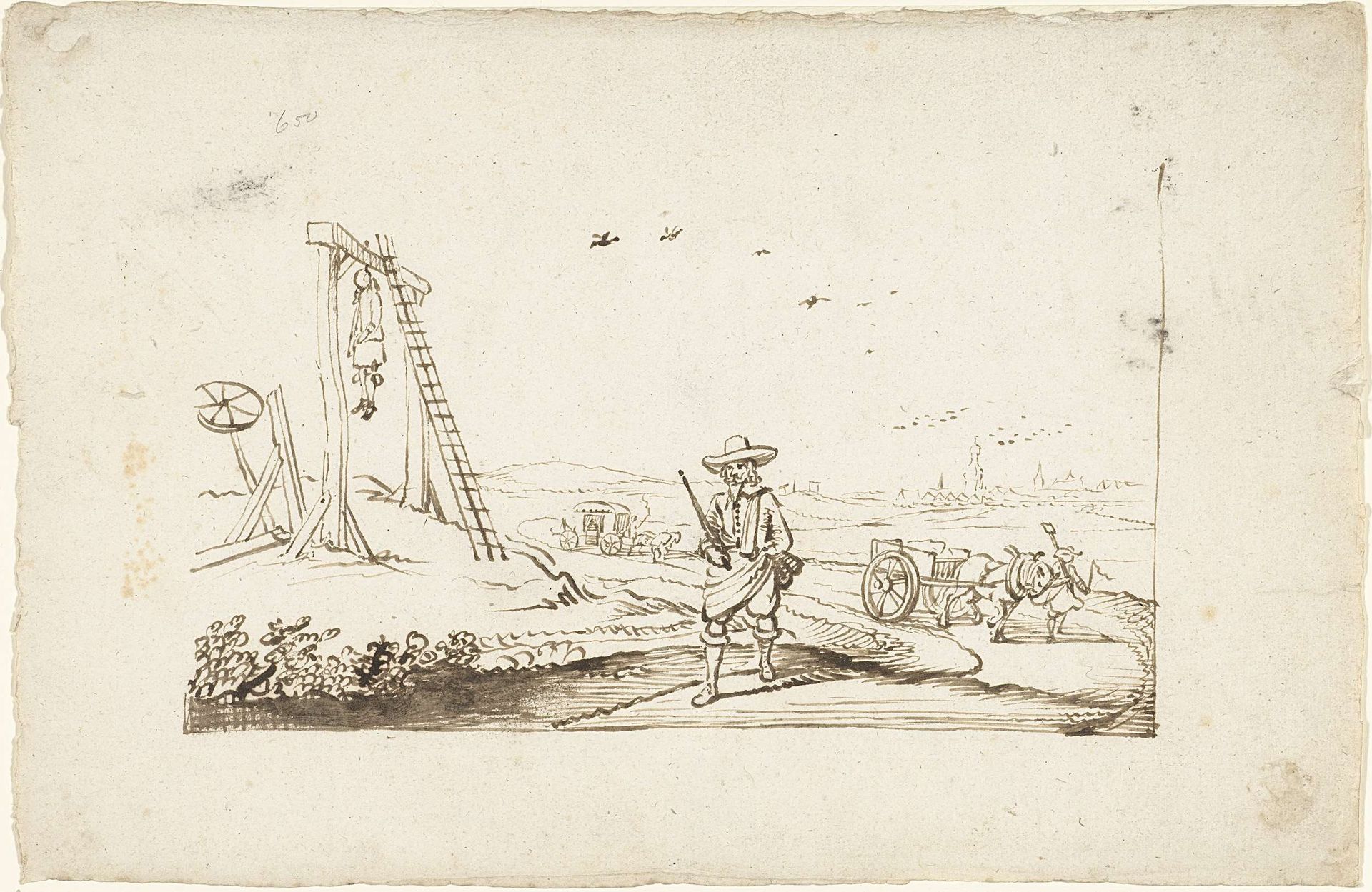 Heer lopend op een landweg langs galgen by Gesina ter Borch