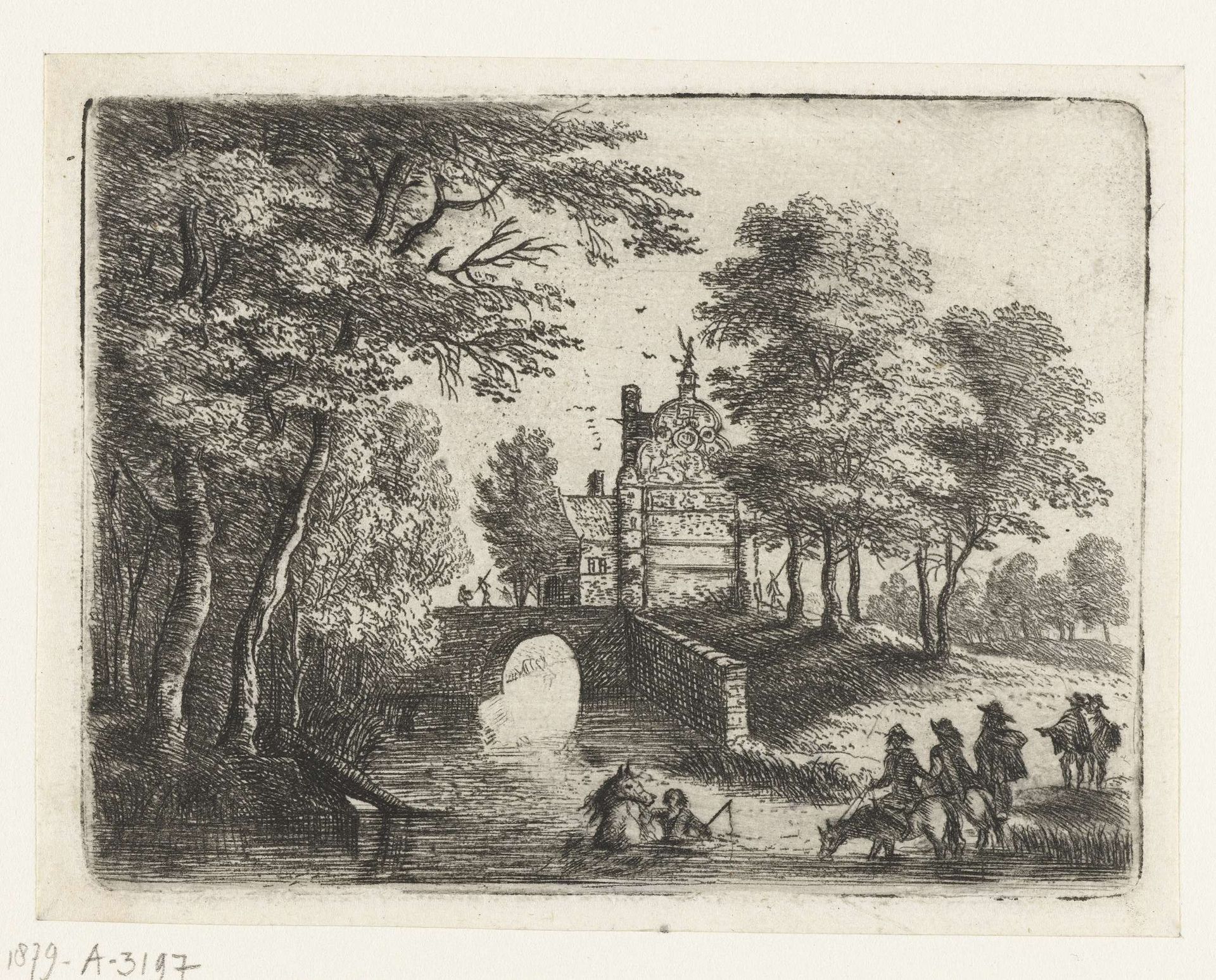 Landschap met een rivier, een brug en ruiters by Lucas van Uden