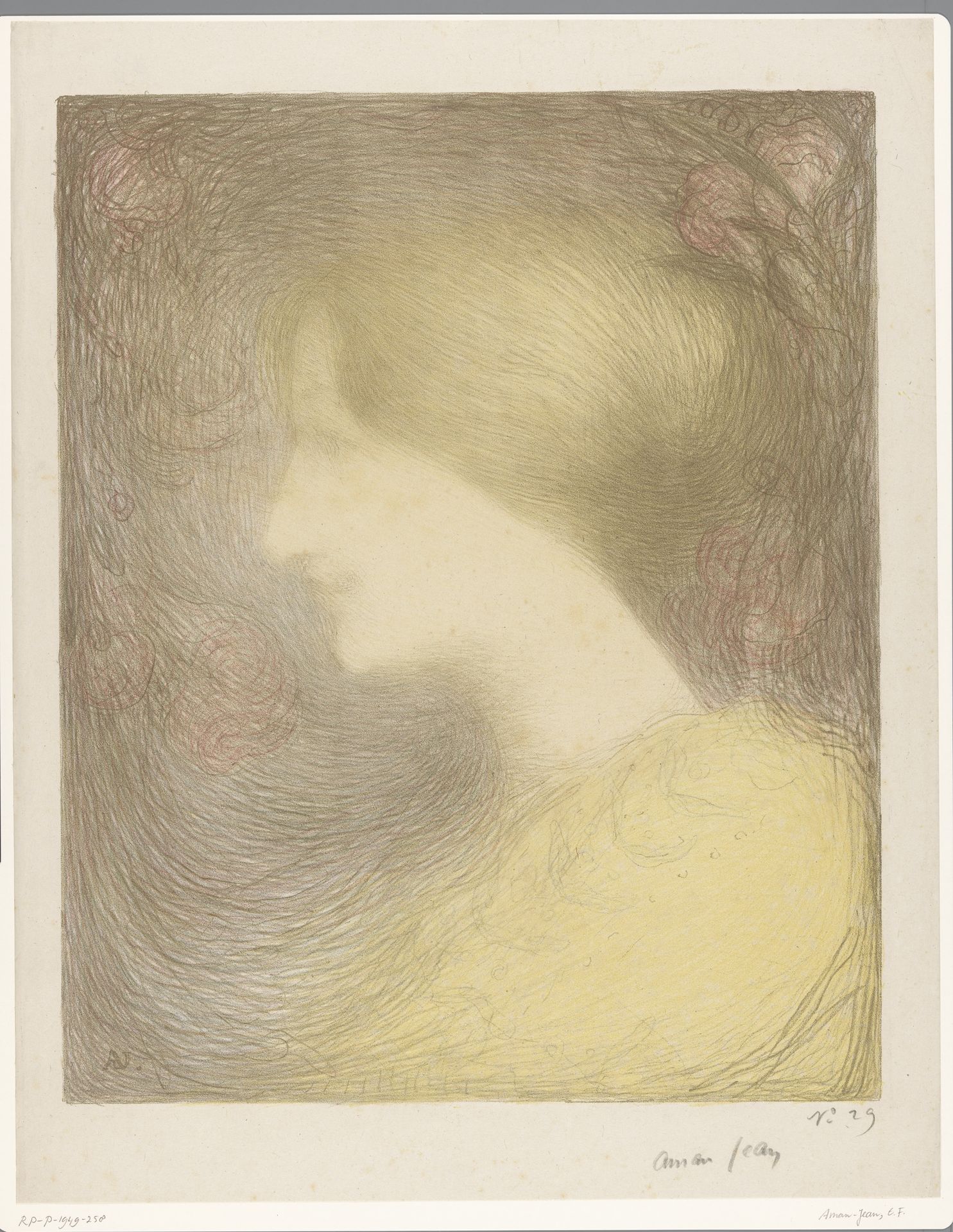 Hoofd van een jonge vrouw, omringd door rozen by Edmond-François Aman-Jean