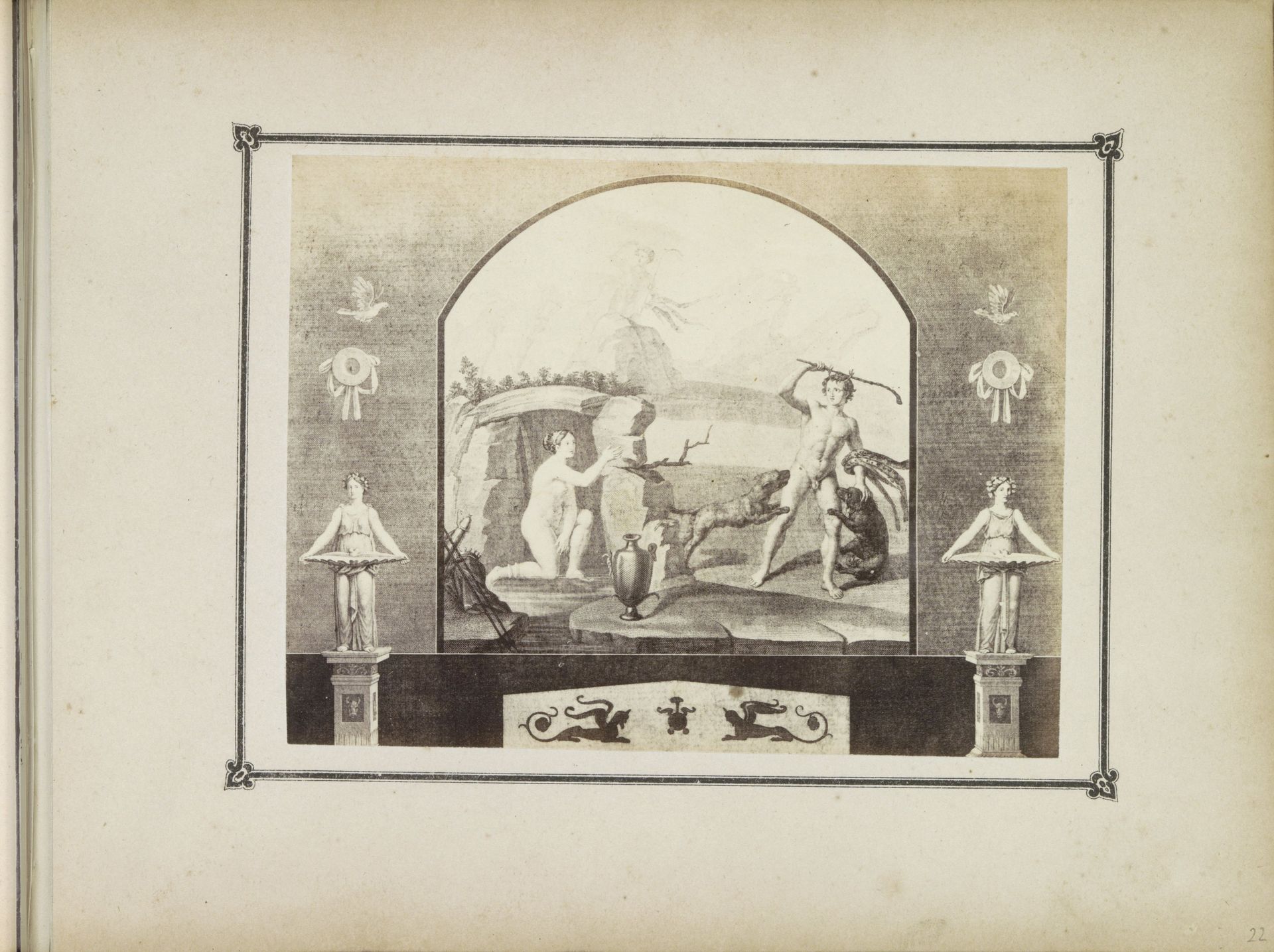 Photo reproduction of (presumably) a print after a mural in Pompeii, depicting Actaeon and Diana by Roberto Rive