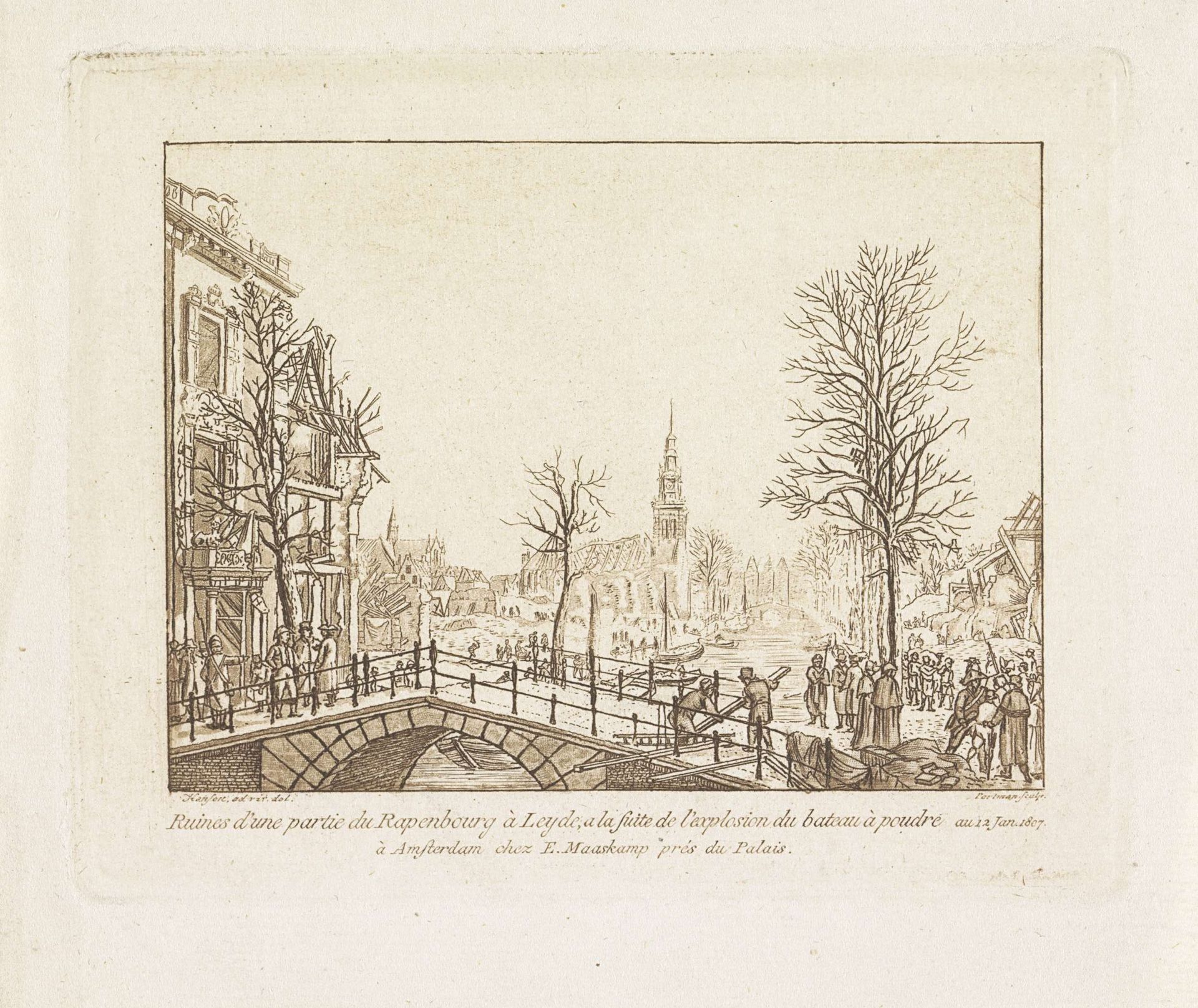 Het Rapenburg te Leiden na de ramp, 1807 by Ludwig Gottlieb Portman
